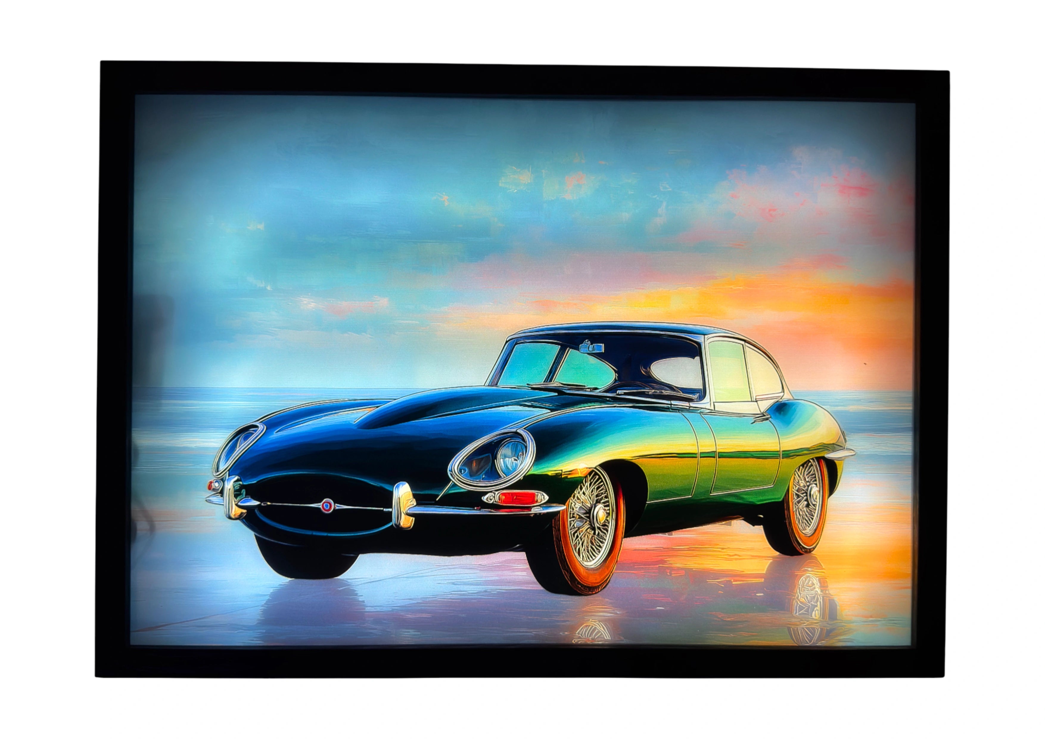 Racing green Jaguar E-Type 1961 LED light up wall art glowing under a teal and bronze sky. A luminous framed celebration of British engineering.