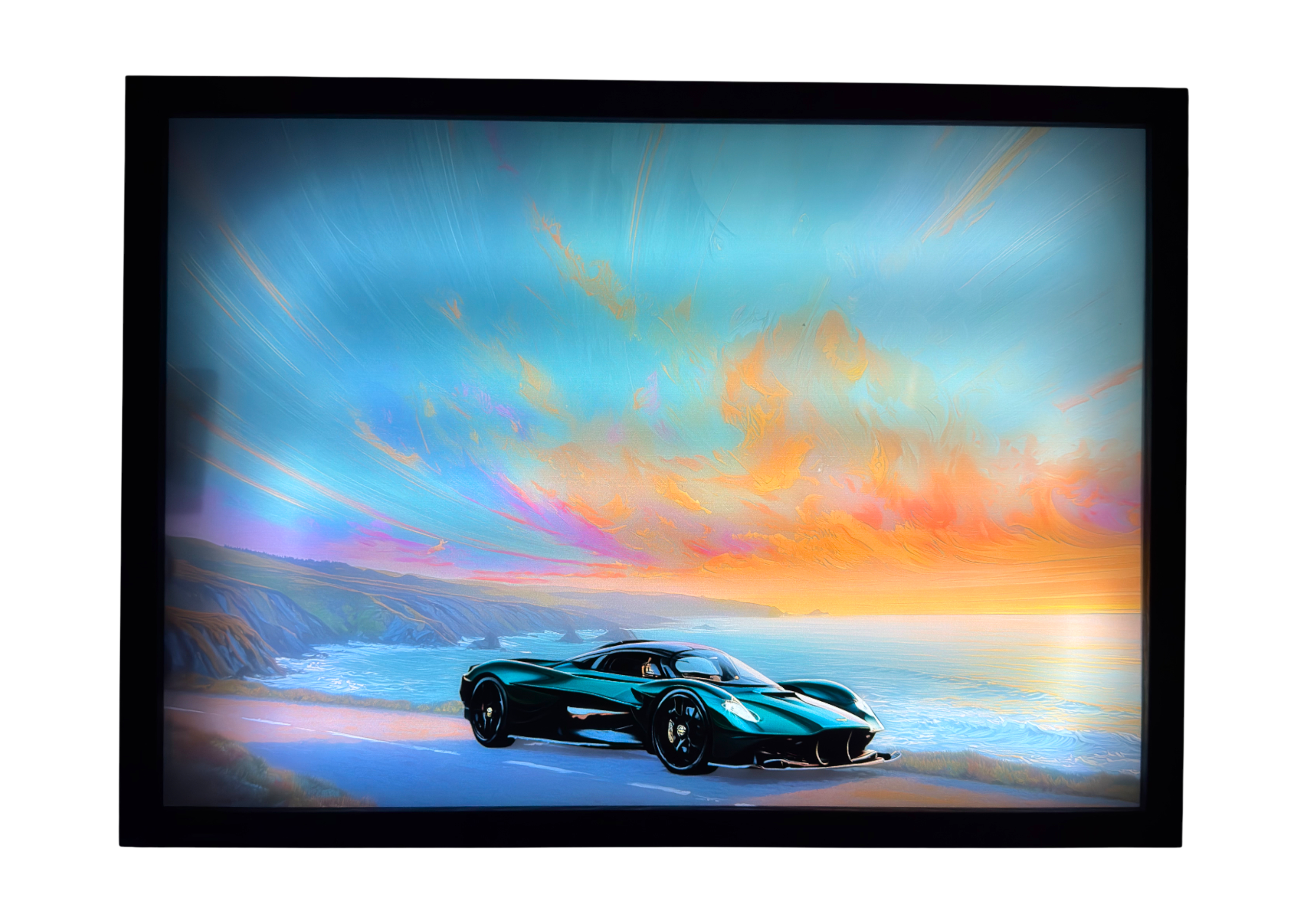 2021 Aston Martin Valkyrie LED light up wall art glowing beneath orange and turquoise skies, embodying British craftsmanship and design.