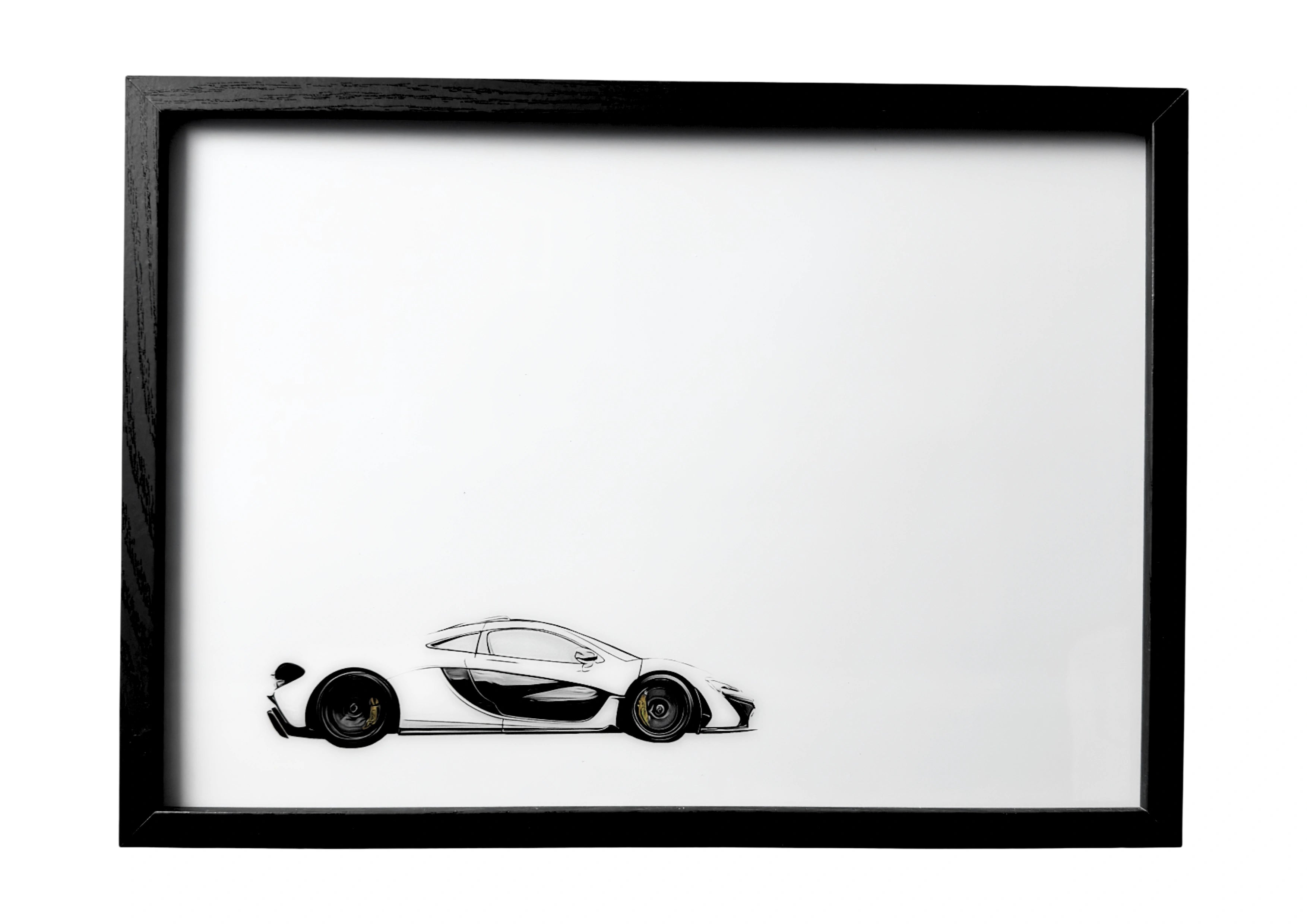 2013 McLaren P1 wall art in white side profile, sleek and minimal.
