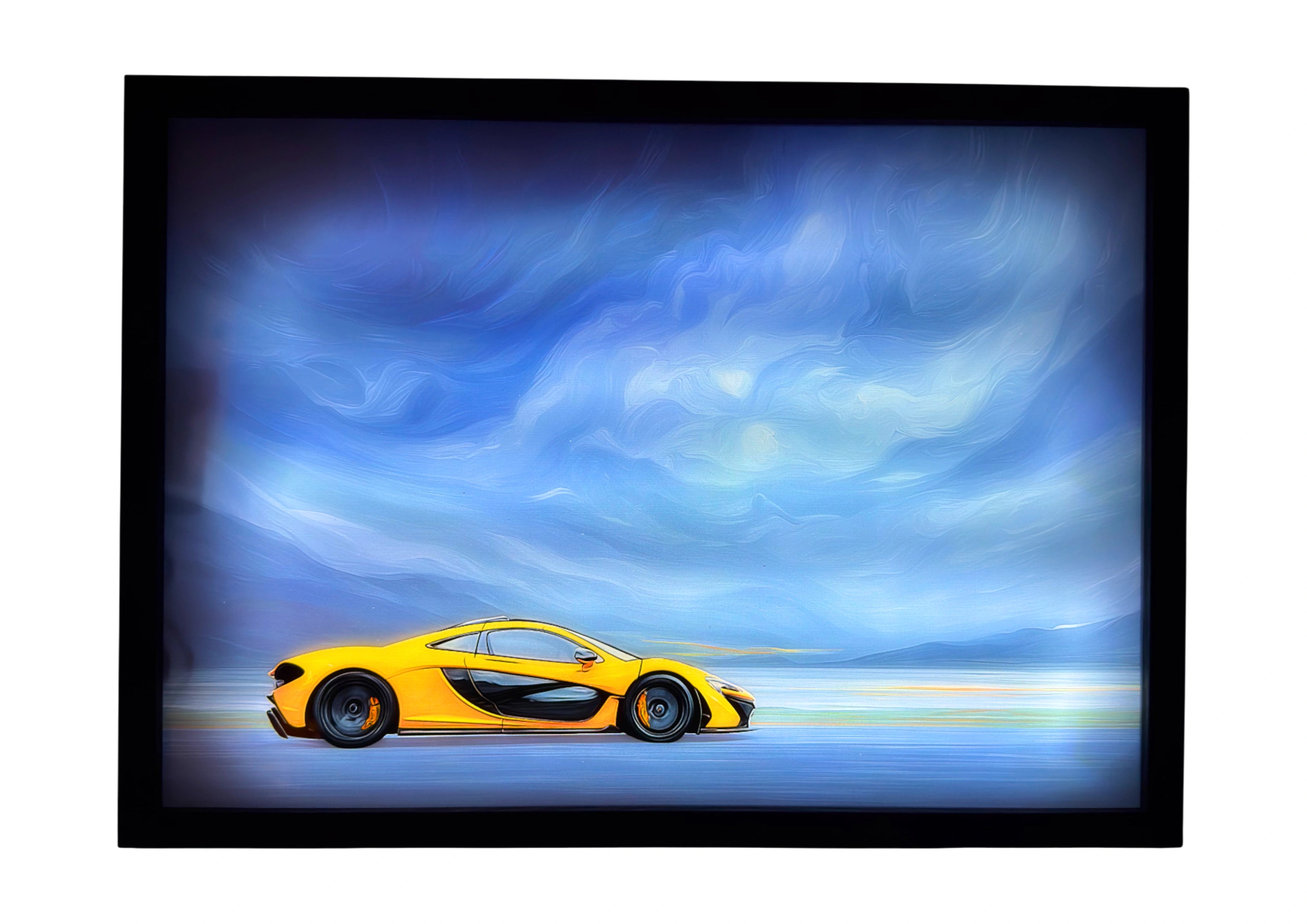2013 McLaren P1 LED light up wall art glowing in golden yellow tone beneath swirling cobalt skies.
