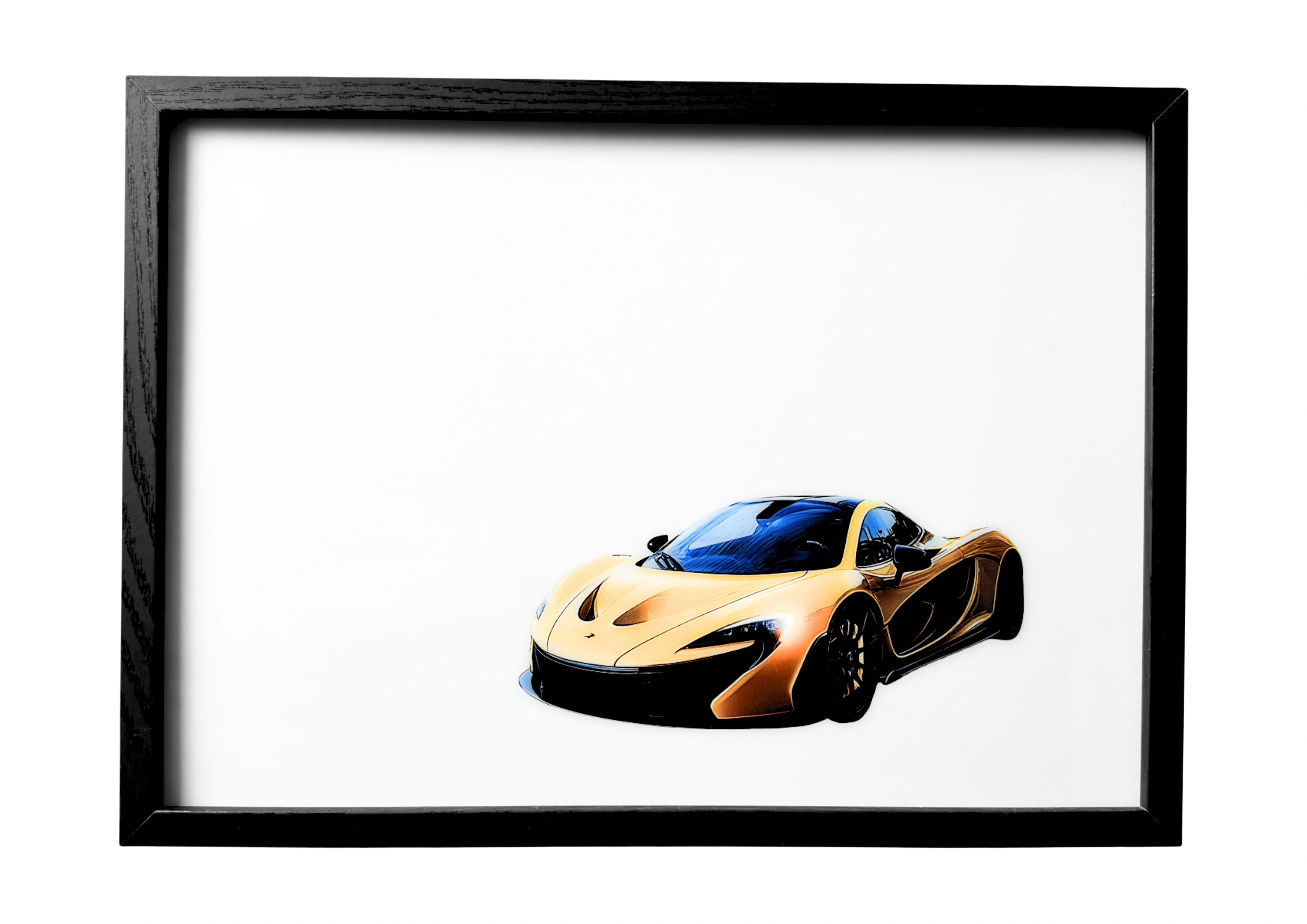 2013 McLaren P1 wall art in golden yellow, captured in calm daylight.