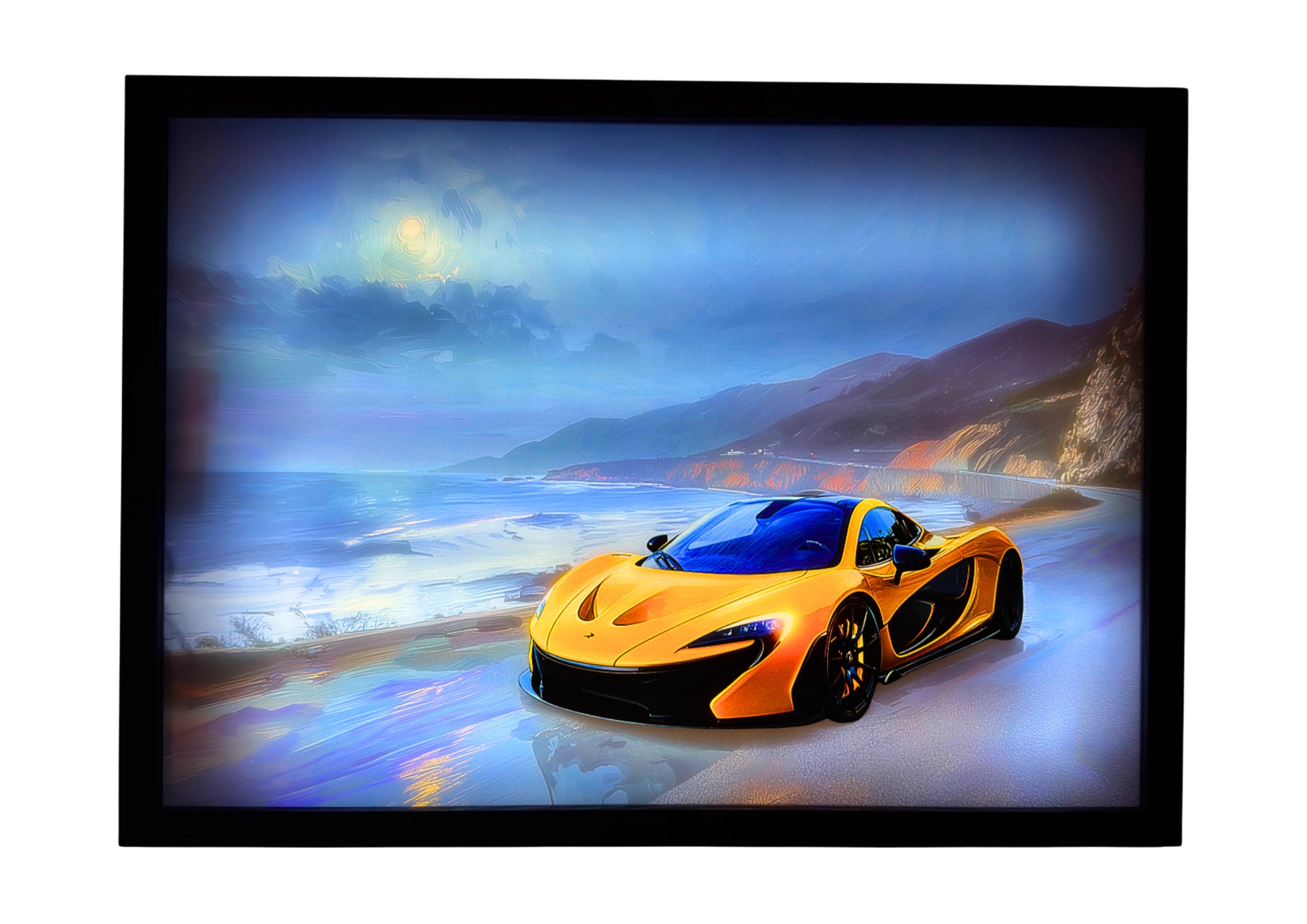 2013 McLaren P1 LED light up wall art glowing beneath cobalt moonlight, golden body reflecting along the coast.