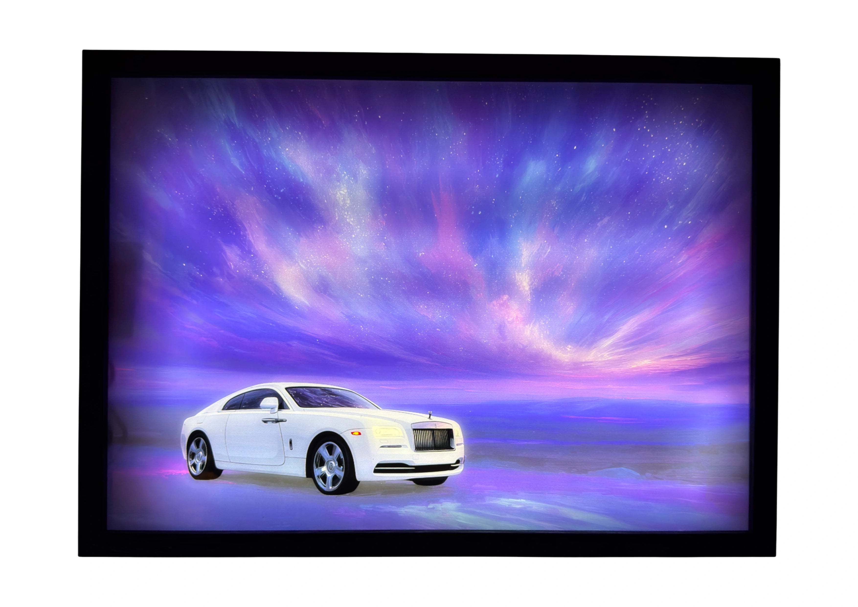 2013 Rolls-Royce Wraith LED light up wall art glowing under violet aurora skies, blending British luxury and cosmic calm.