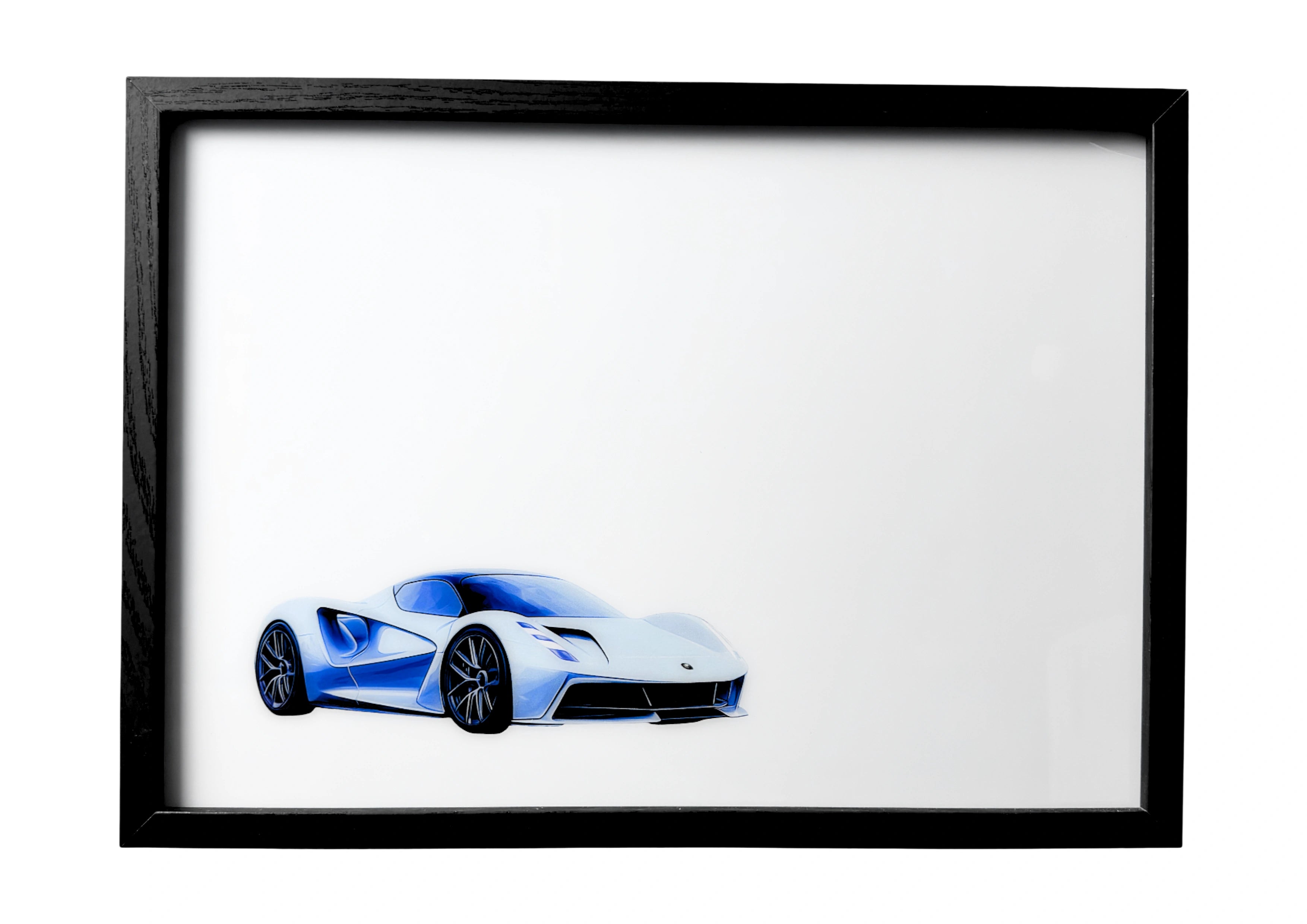 White 2023 Lotus Evija wall art in front three-quarter view, minimalist design with soft daylight tones.