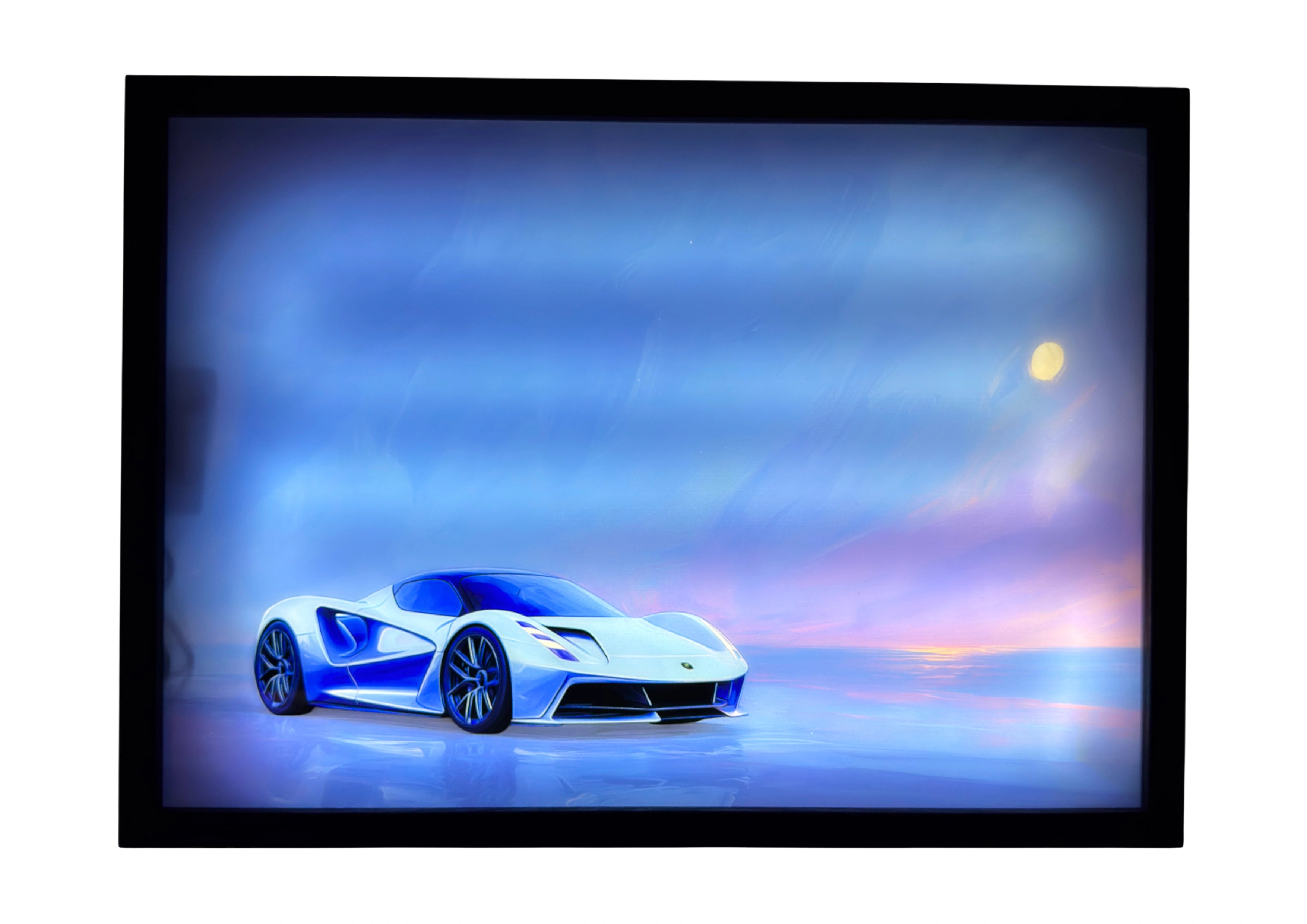 Lotus Evija 2023 LED light up wall art glowing in moonlit blue hues, capturing futuristic calm and modern British design.