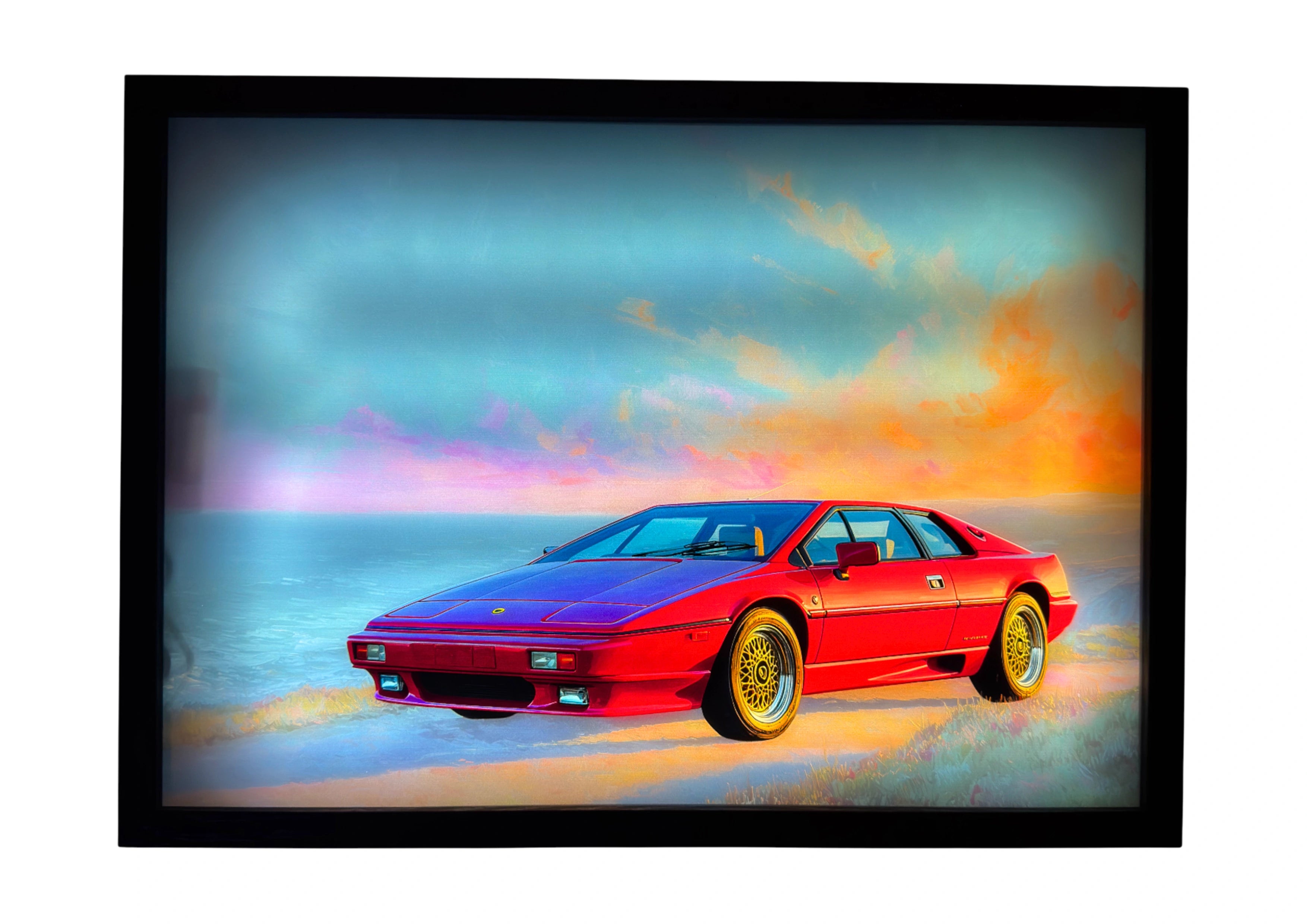 Lotus Esprit 1976 LED light up wall art glowing beneath amber and teal skies along the coast, embodying timeless British engineering.
