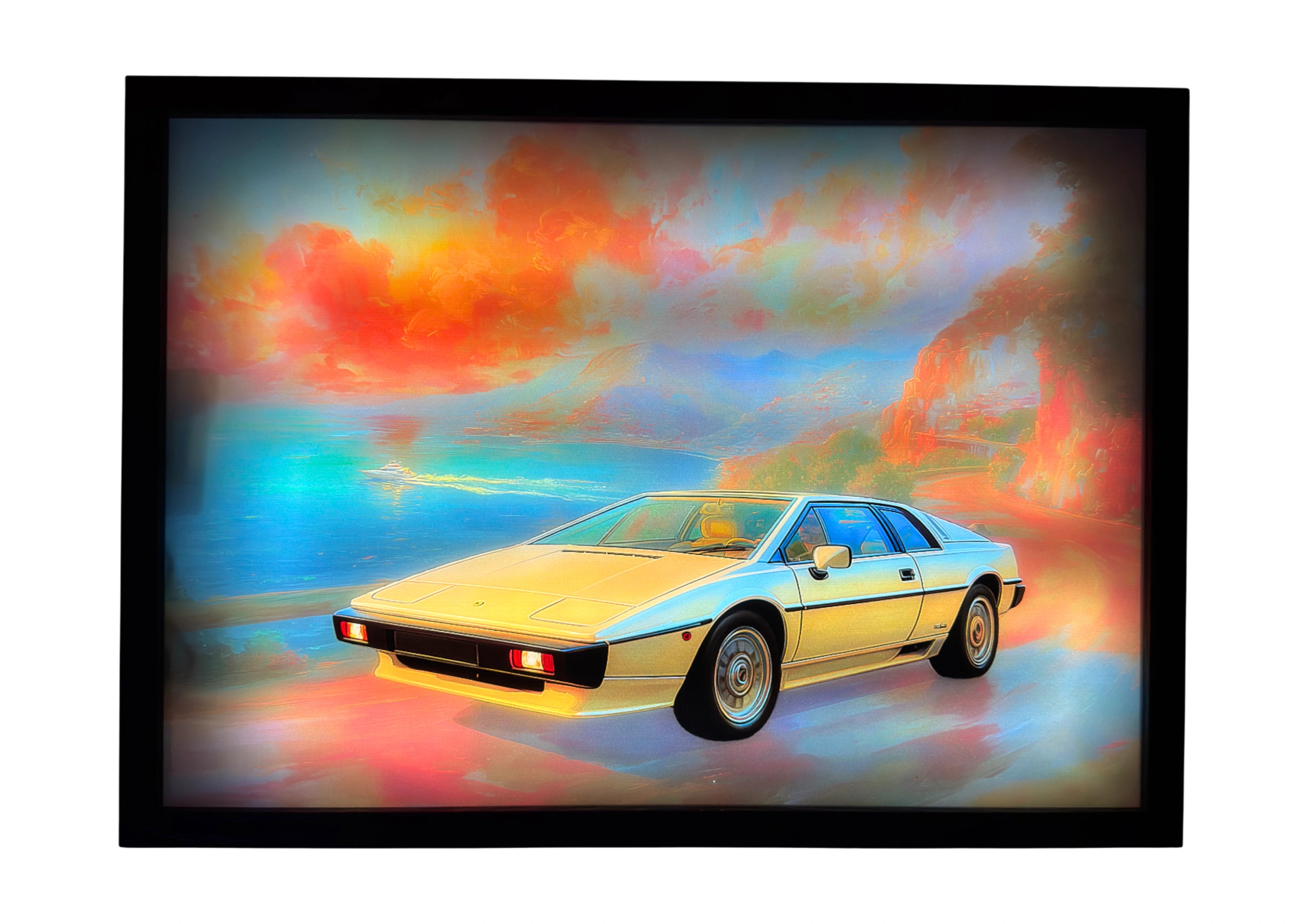 Lotus Esprit 1976 LED light up wall art glowing along a coastal road in amber and teal hues — timeless British design reimagined in light.