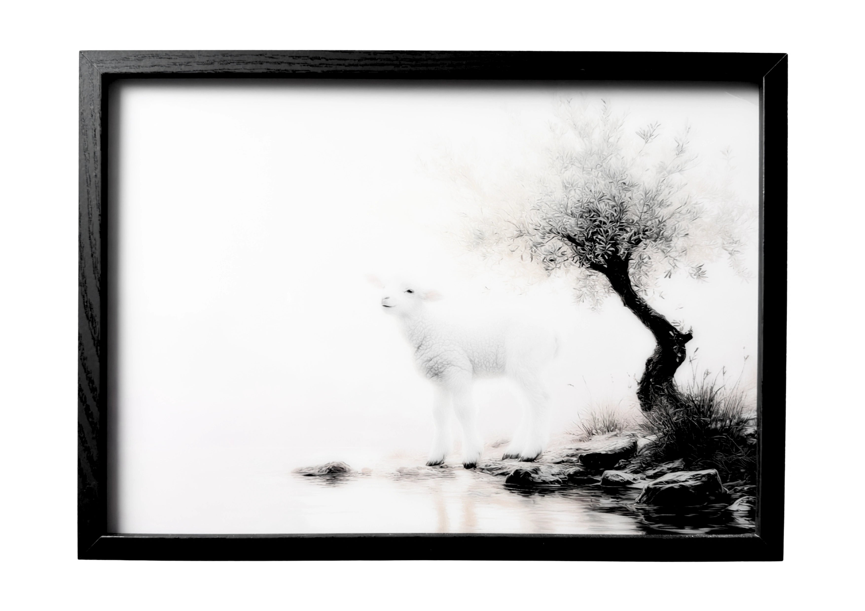 Lamb and olive tree wall art in grayscale stillness.