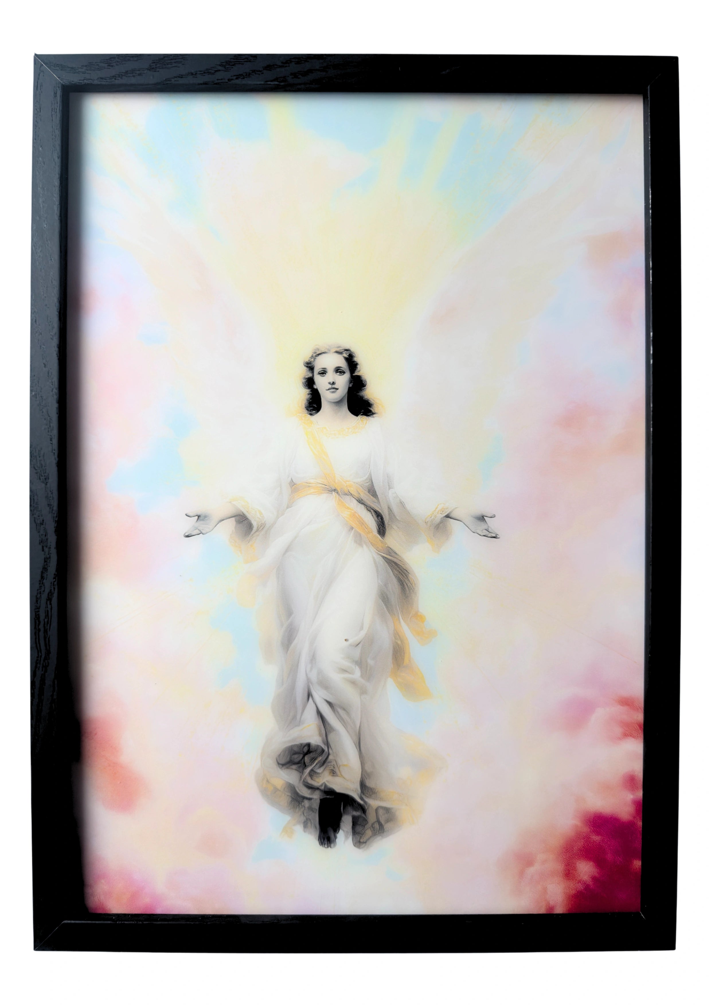 Angel Seraphiel wall art in soft rose and gold tones, surrounded by pastel clouds. A framed artwork of divine light and beauty.