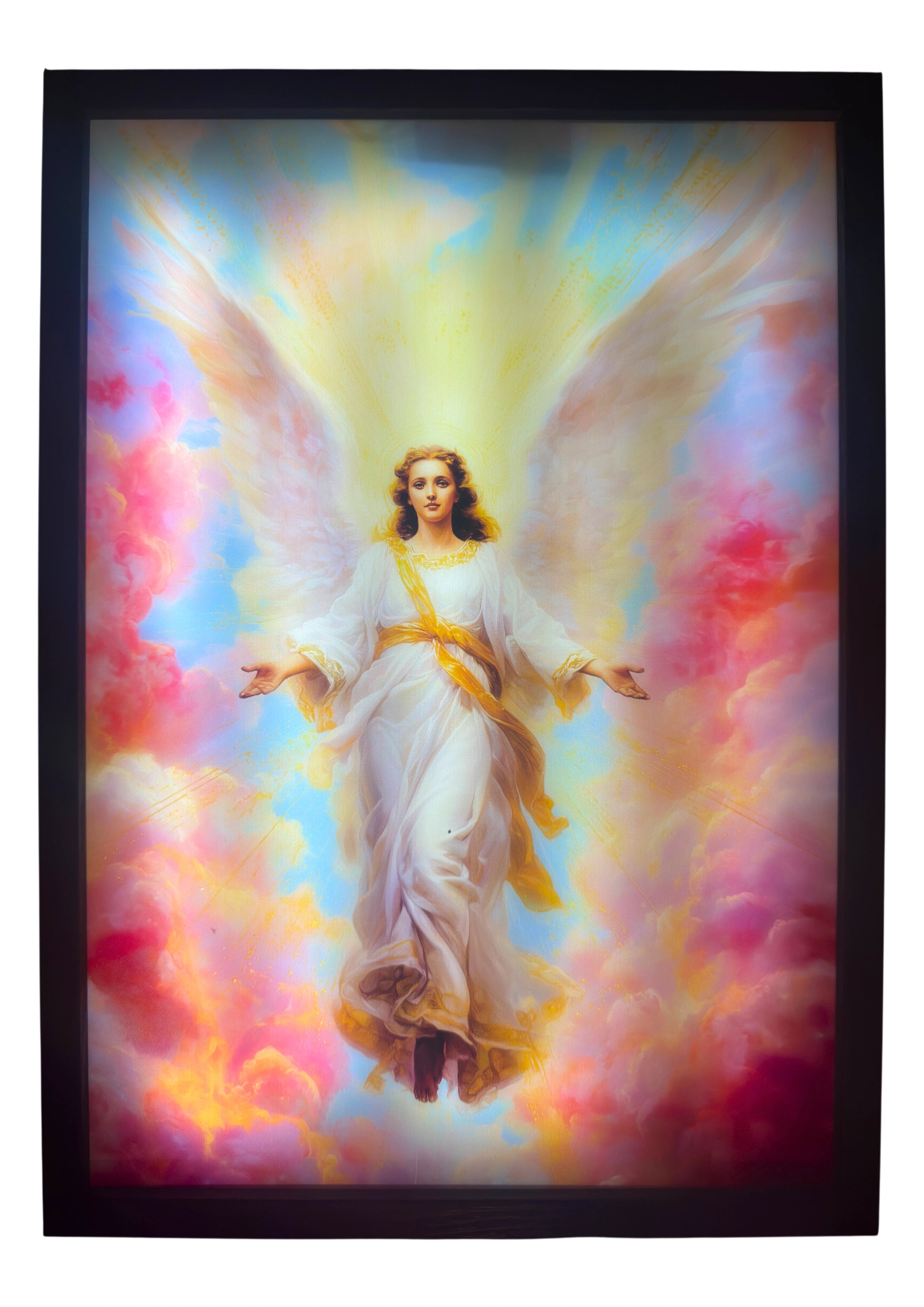 Angel Seraphiel LED light up wall art glowing in rose and golden light — a radiant celestial companion for faith and serenity.