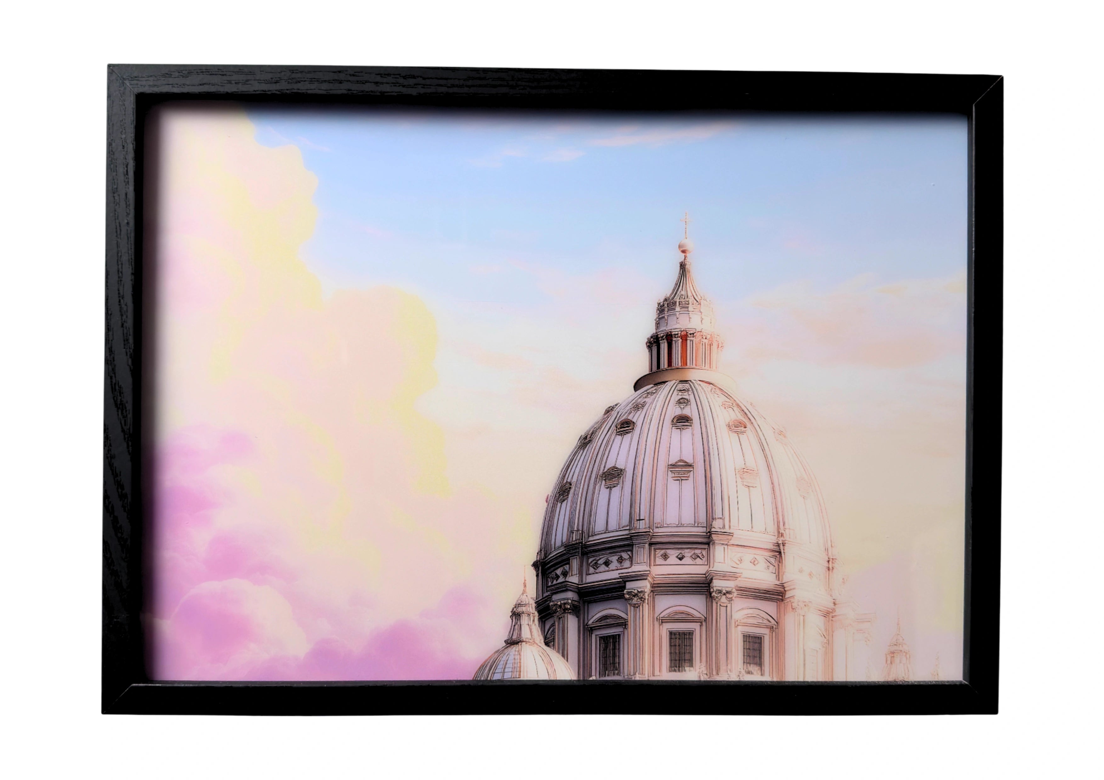 St. Peter’s Dome wall art in daylight, showing detailed stone architecture beneath soft blue sky. A framed artwork of faith and grandeur.