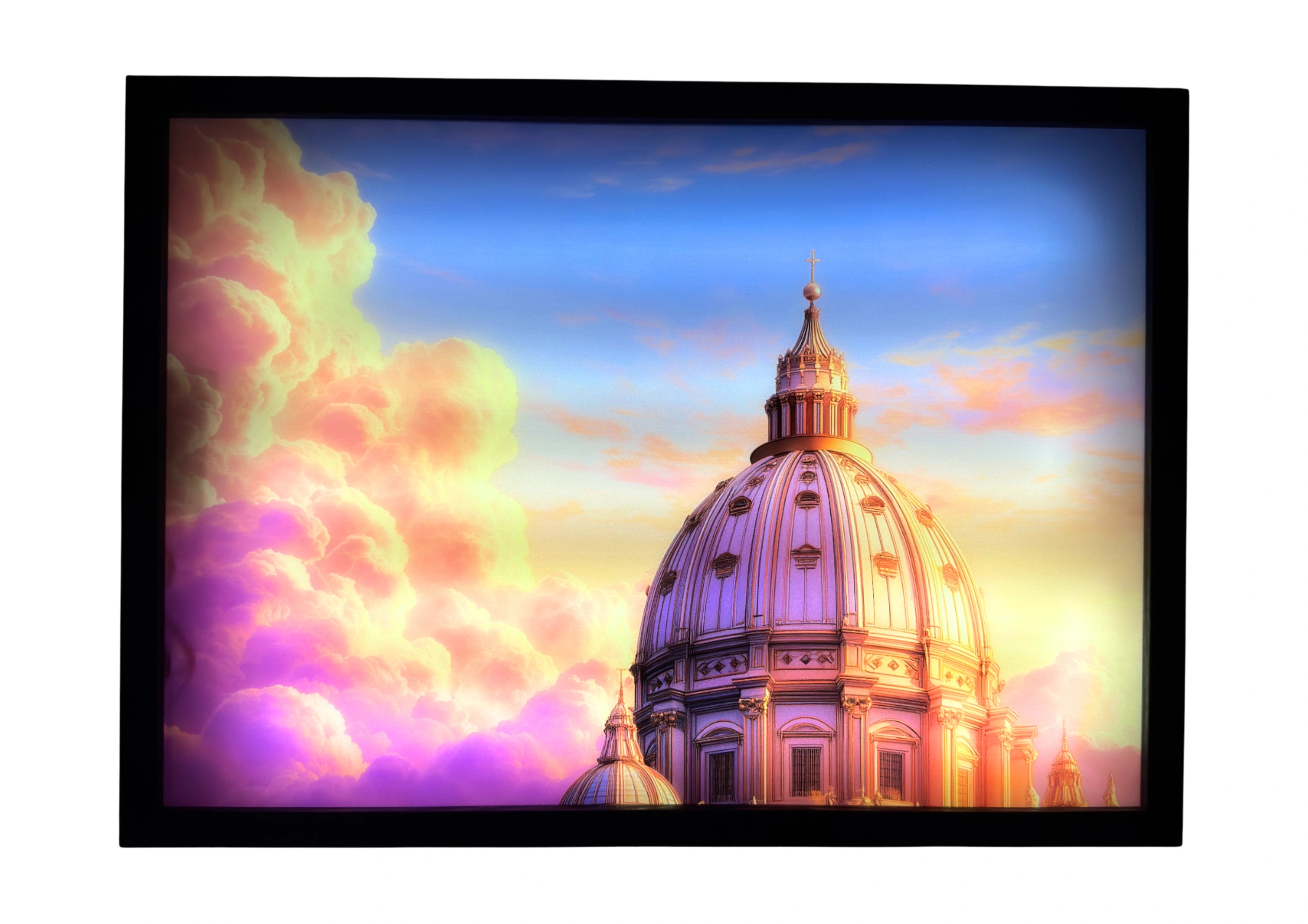 St. Peter’s Dome LED light up wall art glowing in blue and golden light — a radiant depiction of faith and beauty above the Vatican.