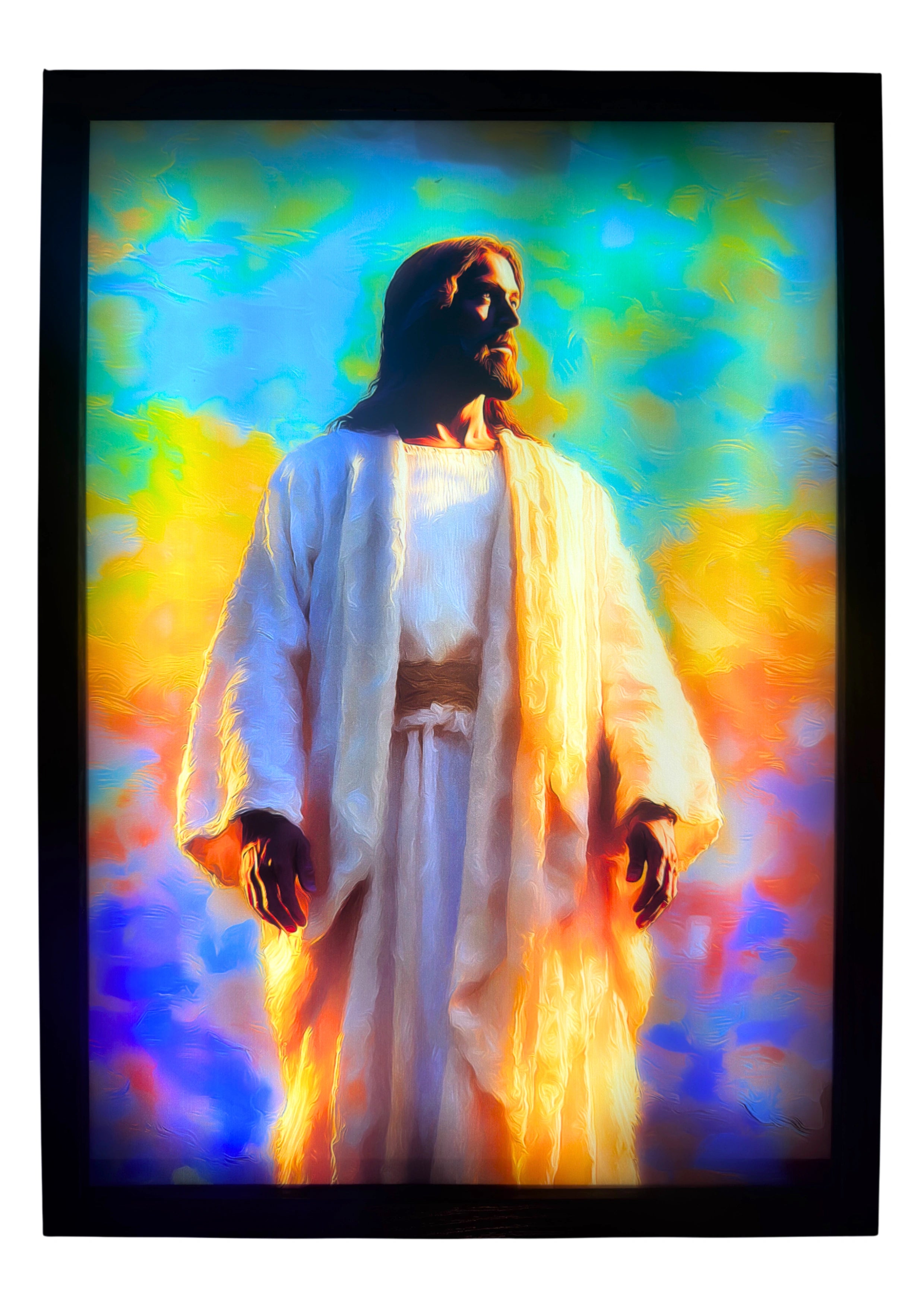 Christ the Redeemer against vivid crimson-gold sunset with deep cobalt sky; radiant, cinematic glow.