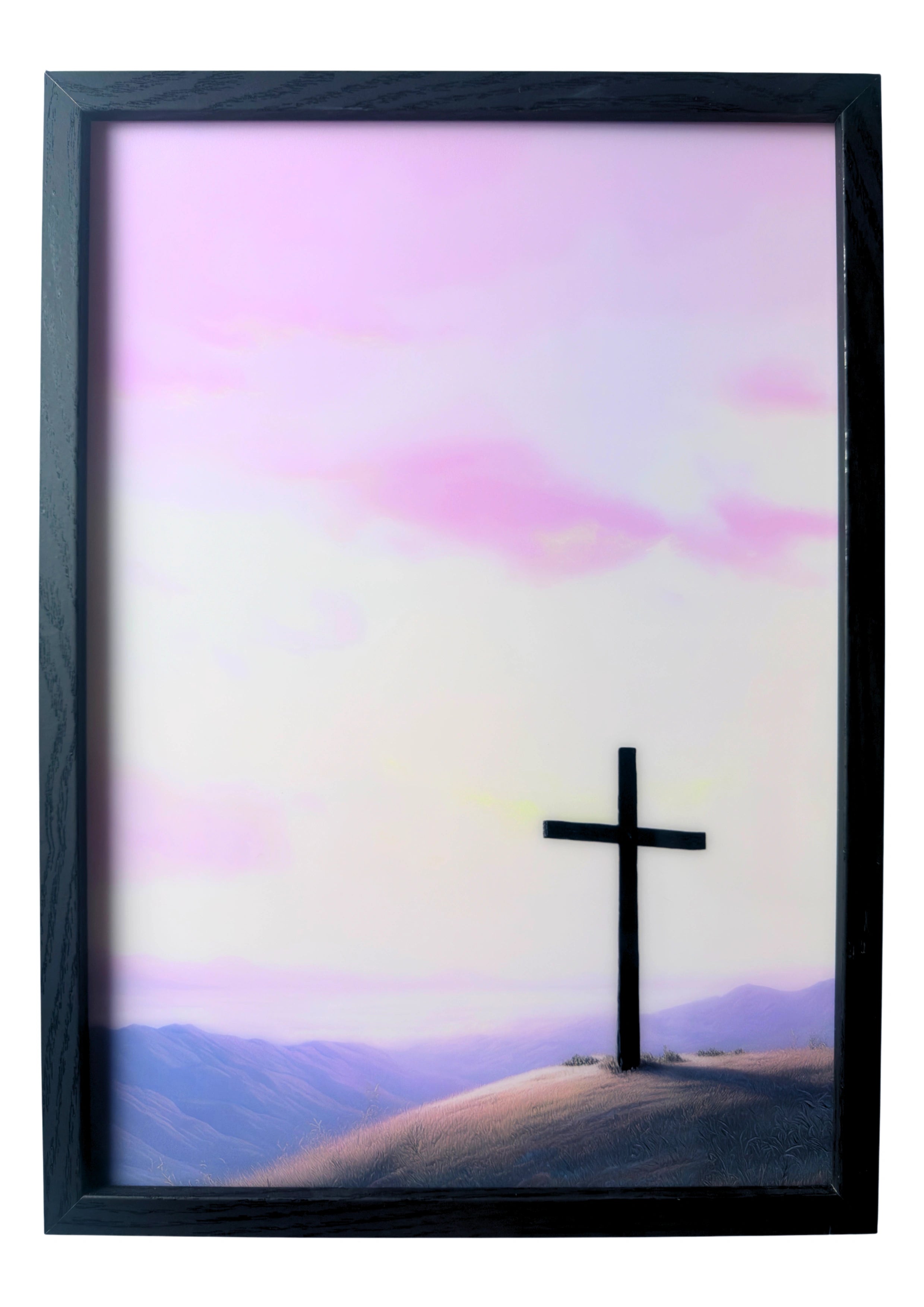 Cross of Hope wall art in rose and gold tones, standing over calm hills. A framed artwork symbolising renewal and serenity.