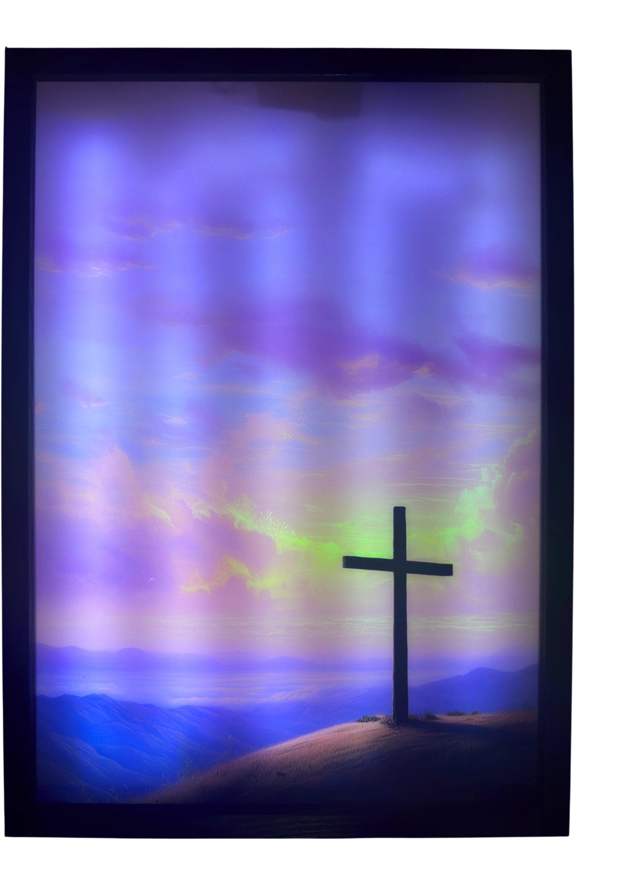 Cross of Hope LED light up wall art glowing in rose and golden hues — a luminous artwork of faith and divine love.
