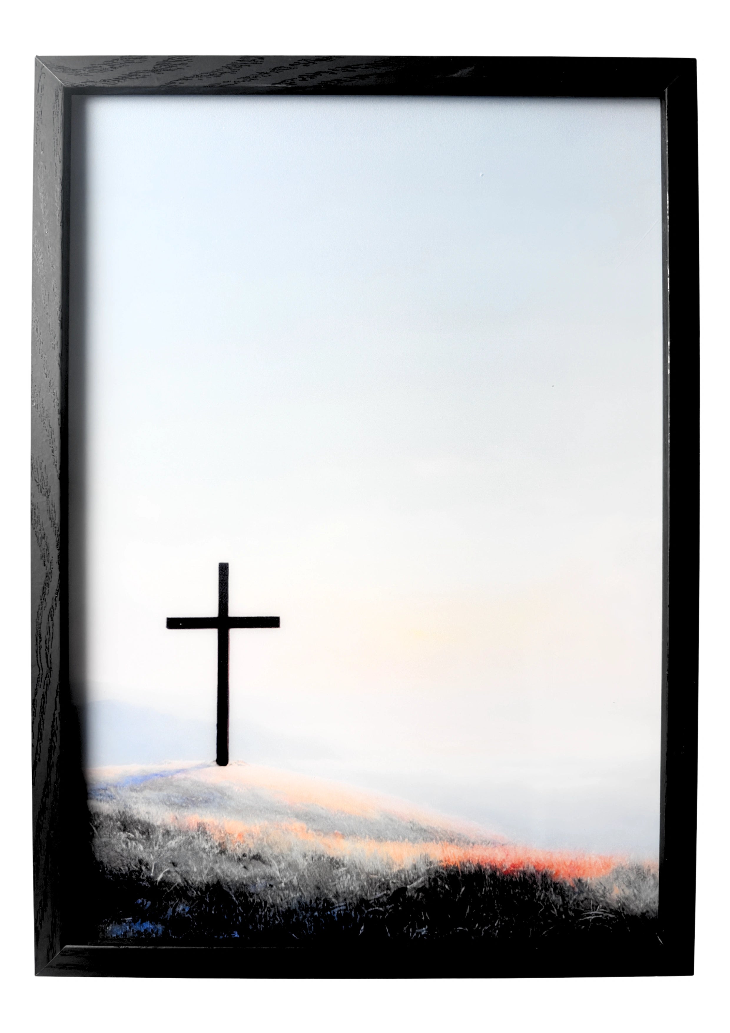 Cross of Hope wall art in blue and gold tones, resting on a hill beneath calm skies. A framed artwork symbolising faith and eternity.