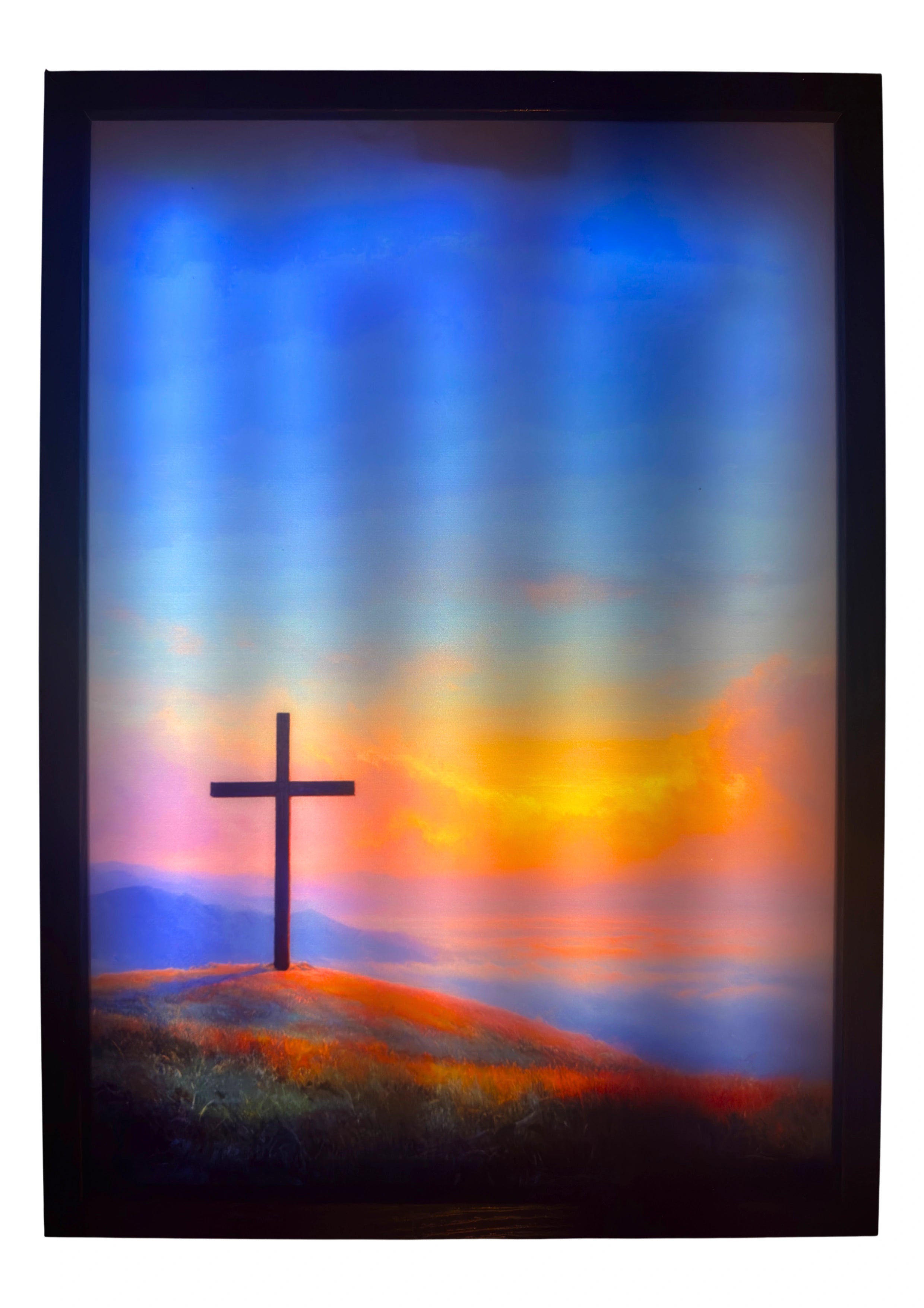 Cross of Hope LED light up wall art glowing in blue and amber light — a radiant artwork of divine faith and resilience.