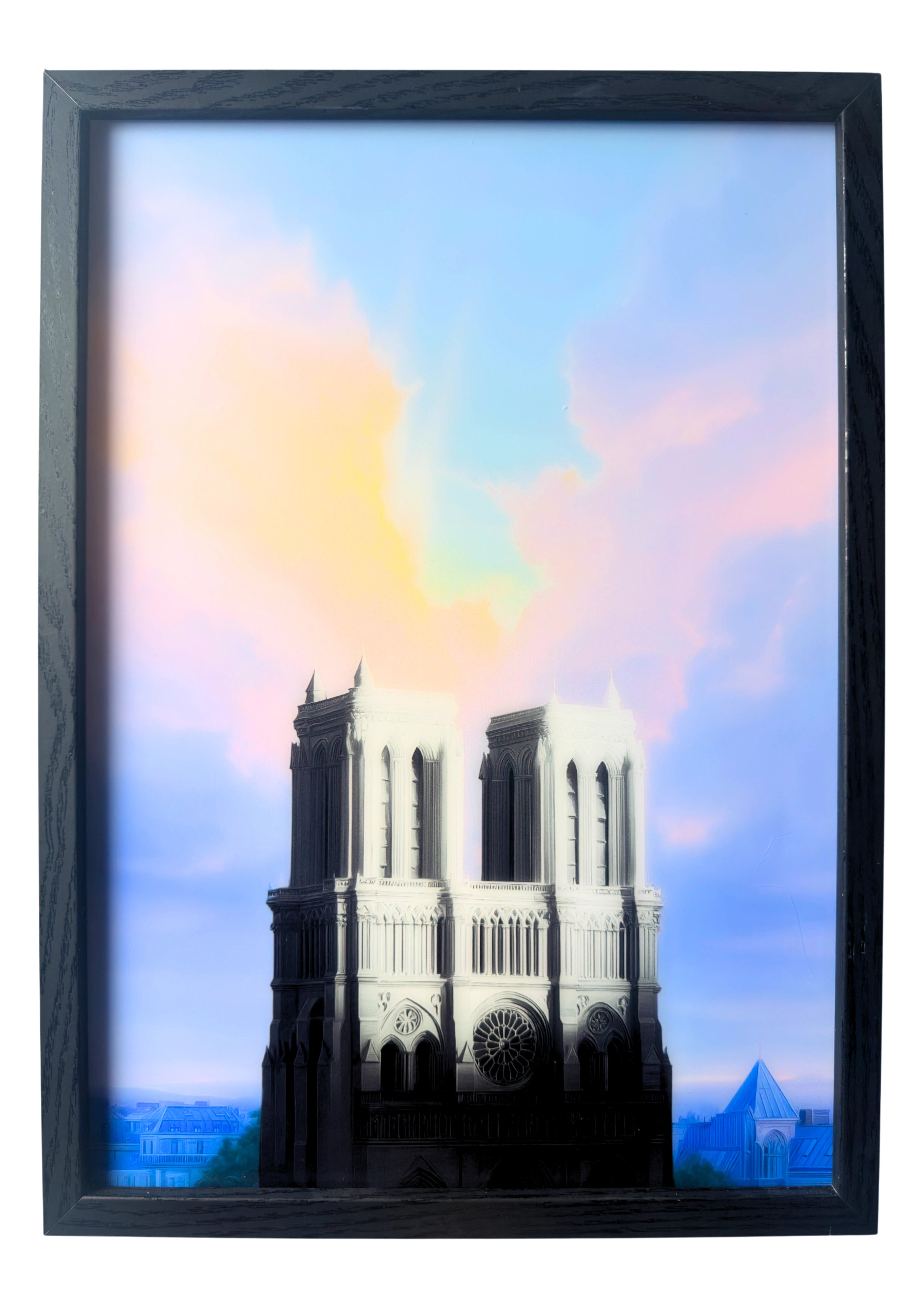 Notre-Dame cathedral wall art under morning light, showing calm stone detail and blue skies. A framed artwork of faith and renewal.