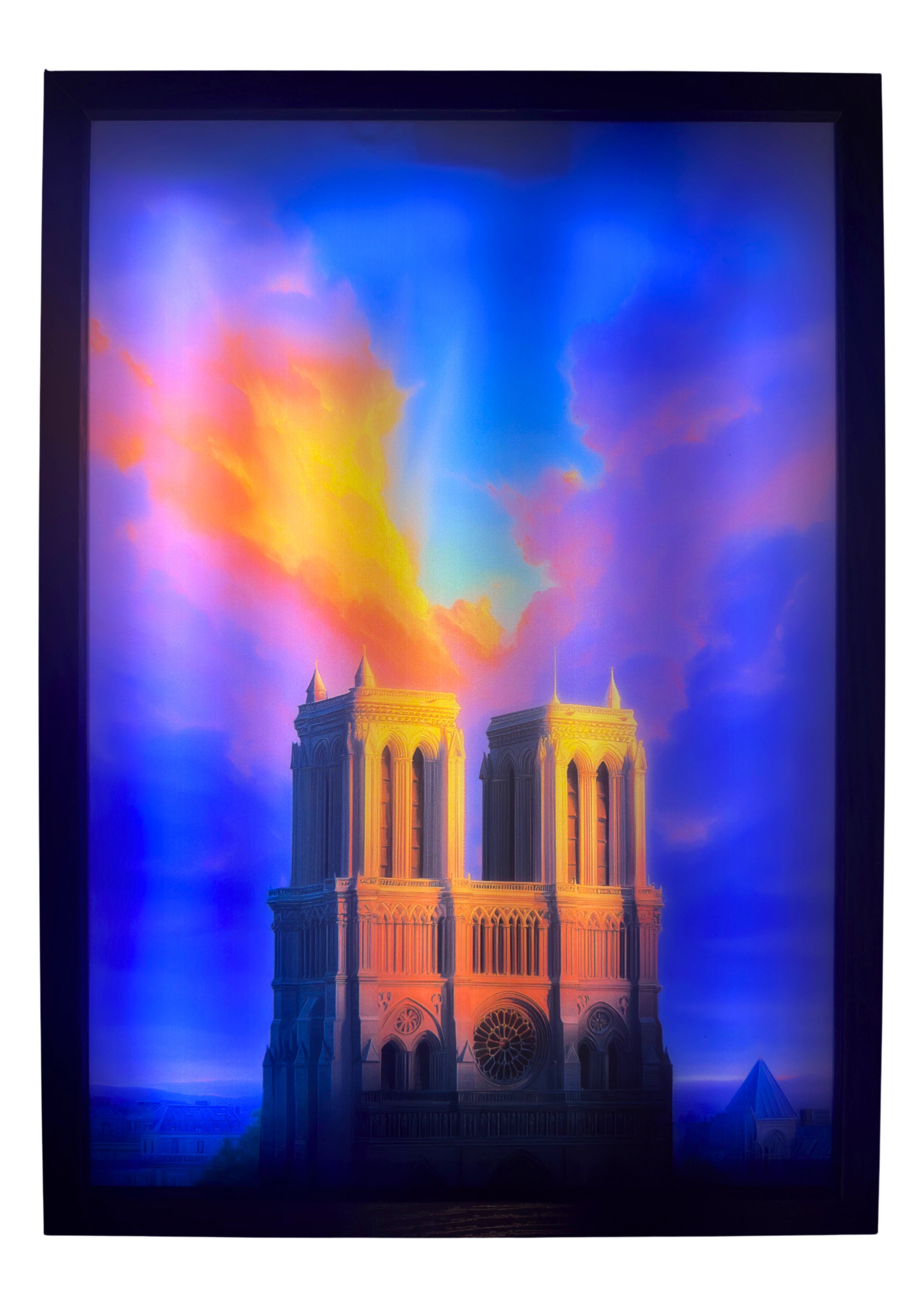 Notre-Dame cathedral LED light up wall art glowing in amber and violet hues — faith reborn beneath the Paris sky.
