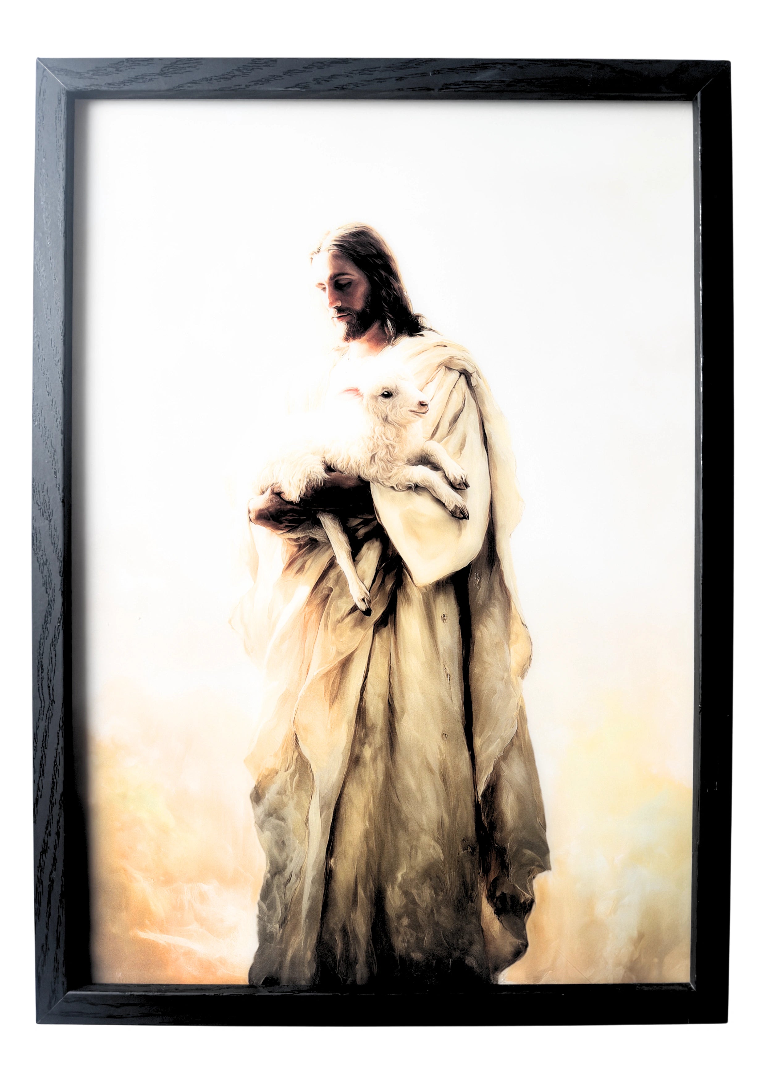 Jesus Christ wall art with gentle green undertones, holding a lamb in serene reflection. A framed symbol of peace and divine renewal.