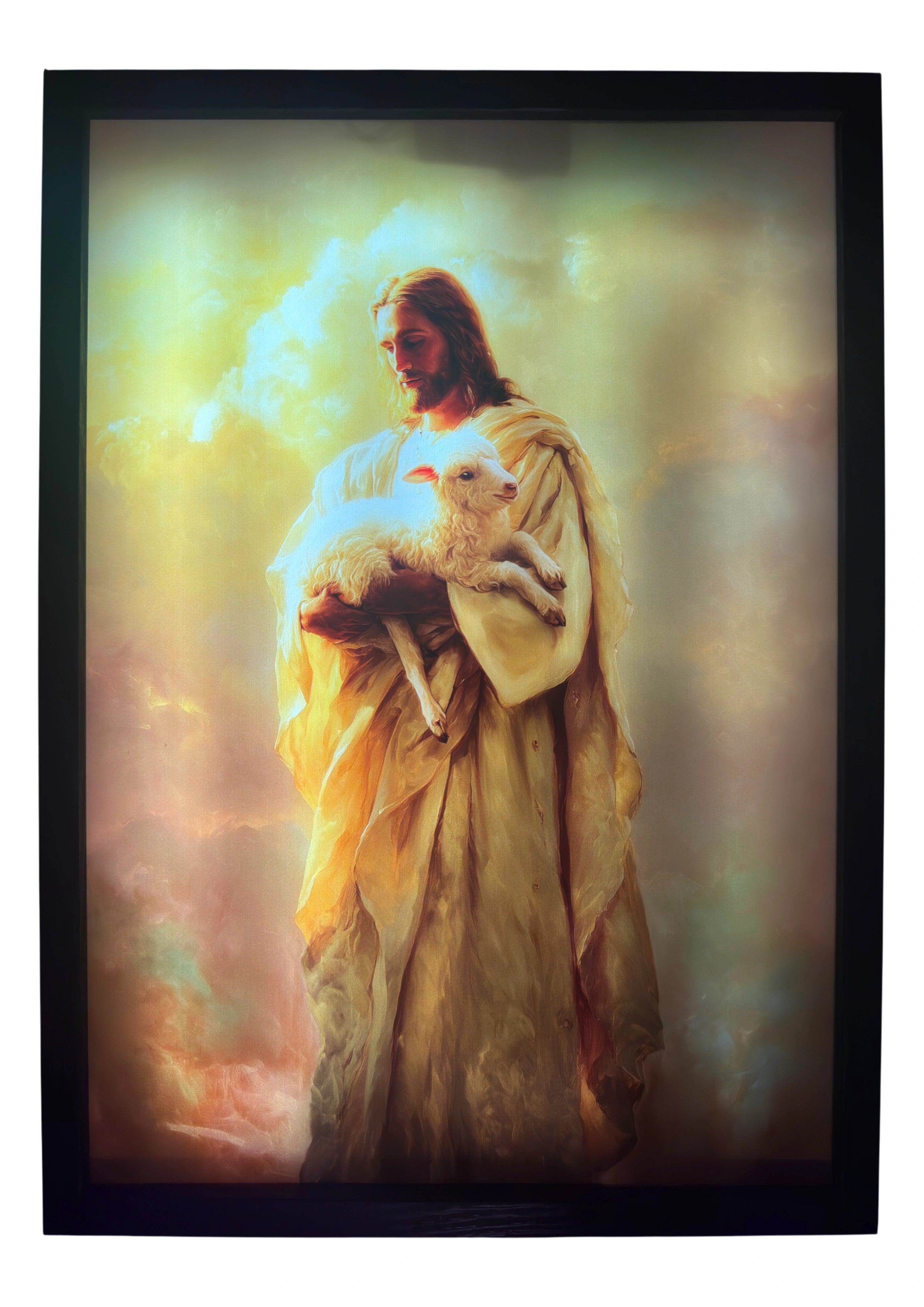 Jesus Christ LED light up wall art glowing in soft green-gold light — holding a lamb in warmth and grace. A radiant artwork of faith and compassion.