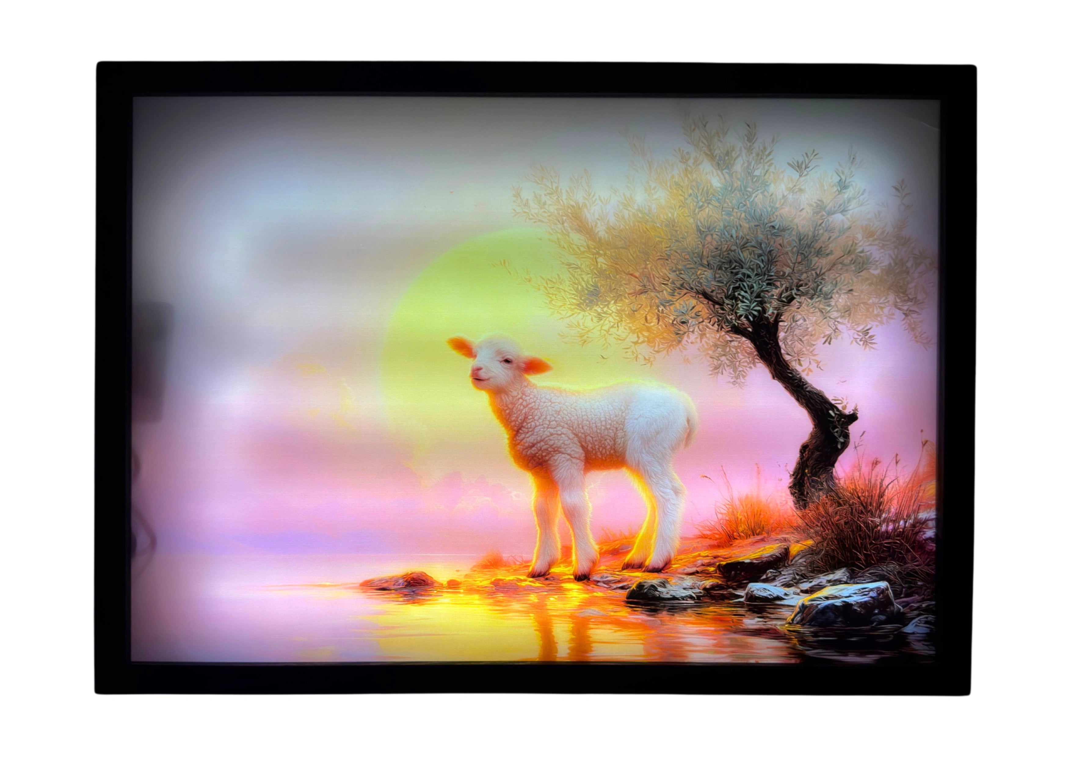 Lamb LED light up wall art glowing in golden and rose light — framed Christian artwork symbolising peace and faith.