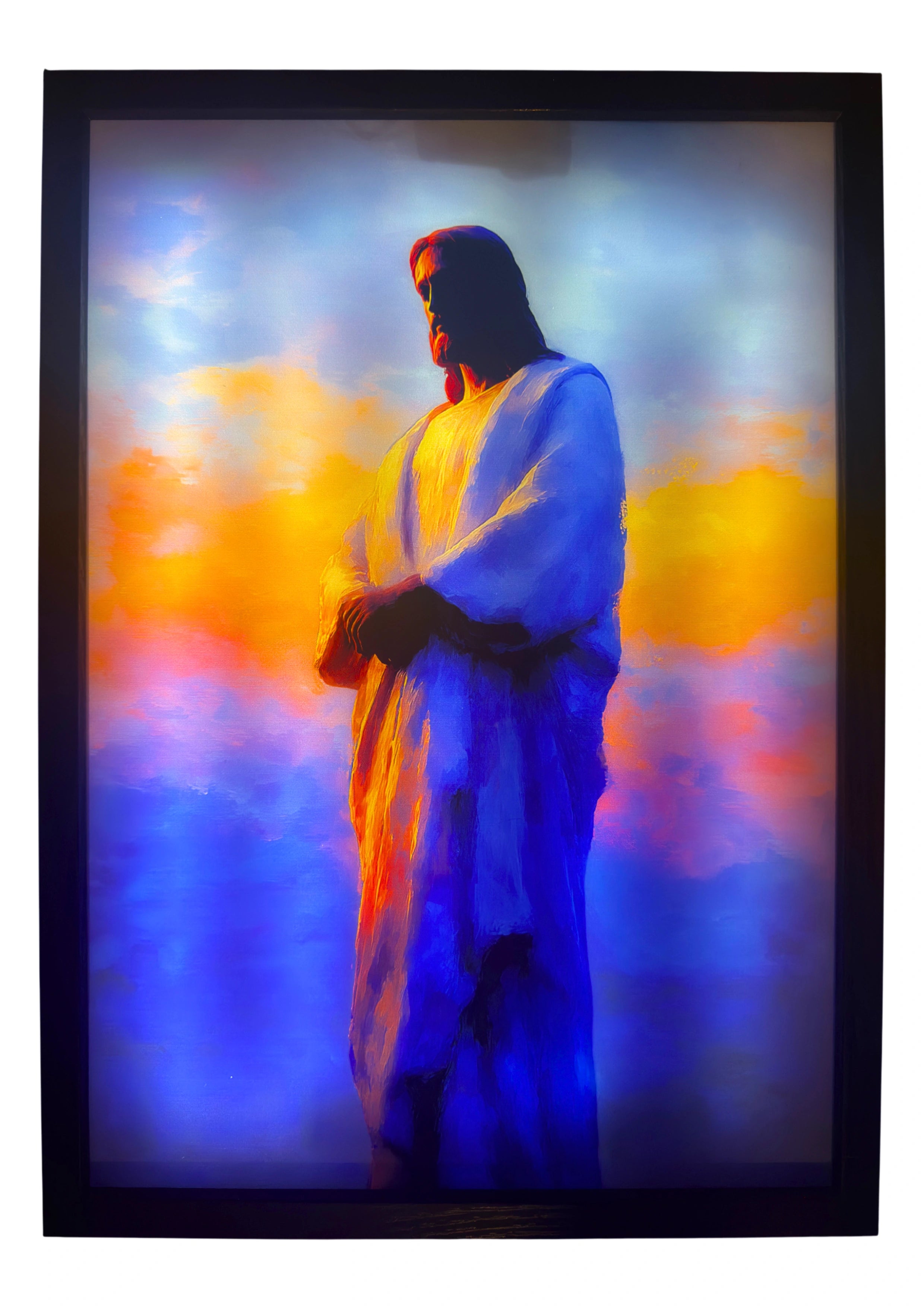 Jesus Christ LED light up wall art glowing in cobalt and golden light — a divine portrayal of faith and heavenly calm.