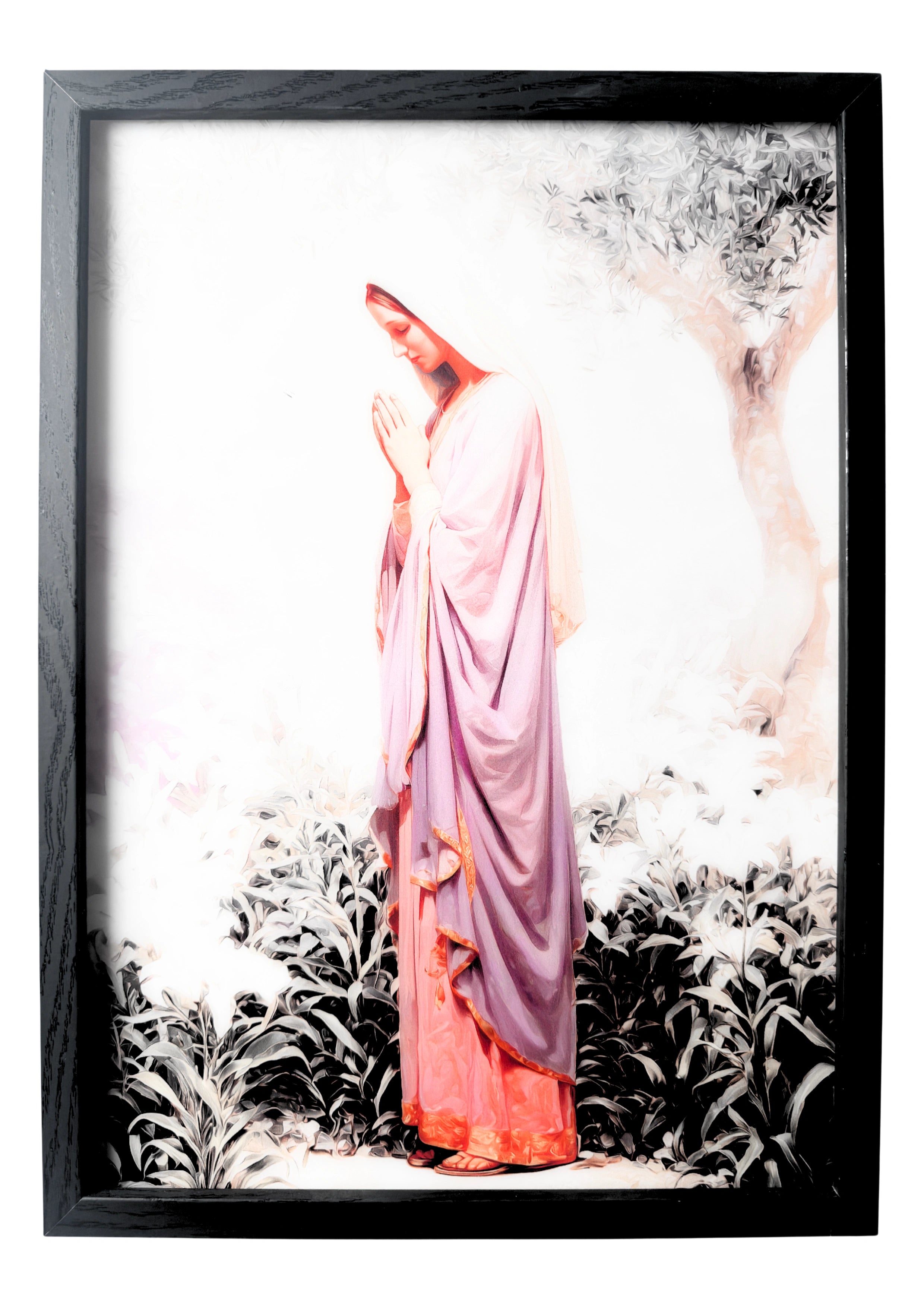 The Virgin Mary wall art detailed with soft gold hues, standing in an olive garden. A framed artwork symbolising peace and devotion.