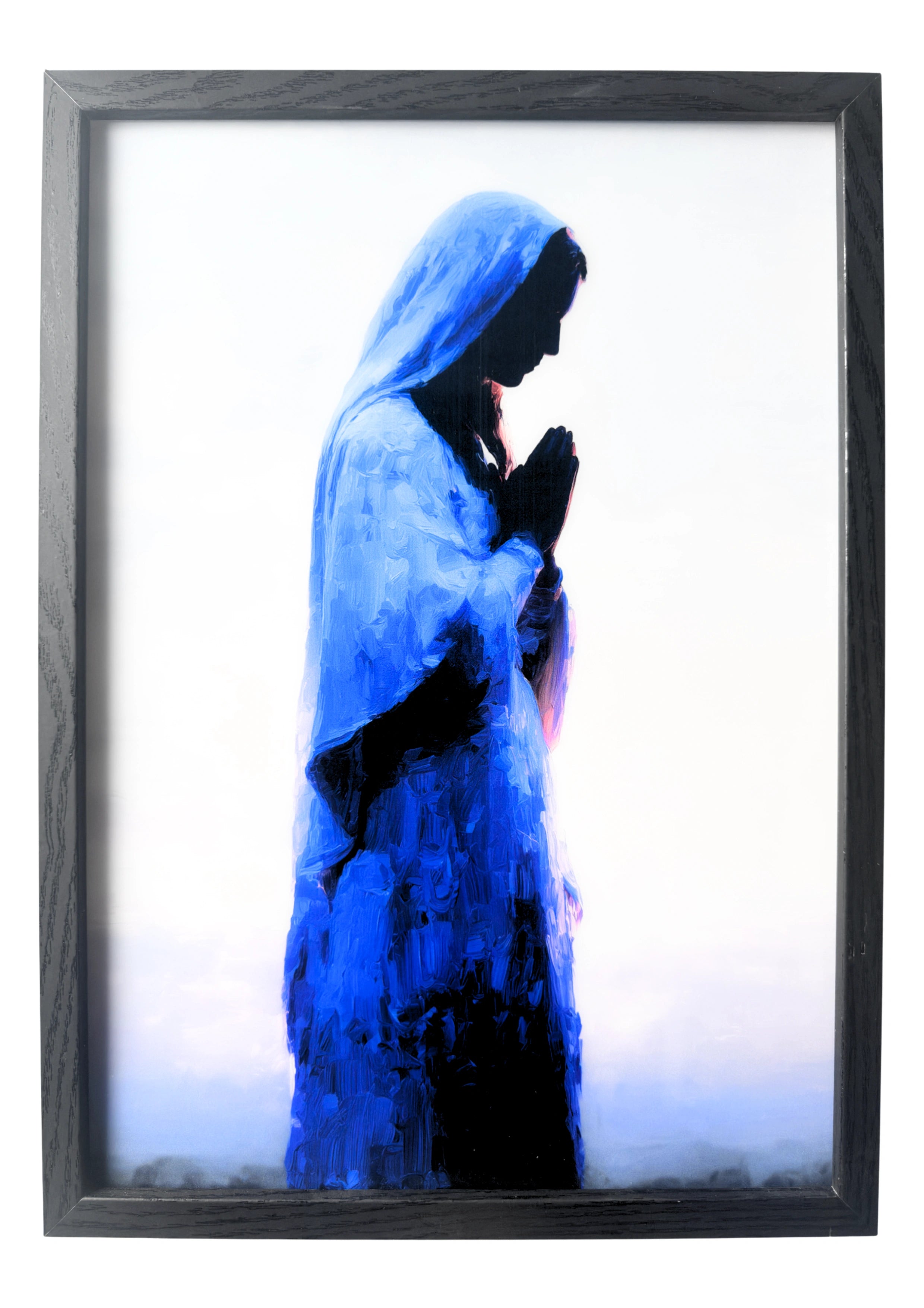 Mary wall art detailed with soft violet and gold hues, standing in prayer. A framed artwork symbolising peace and devotion.