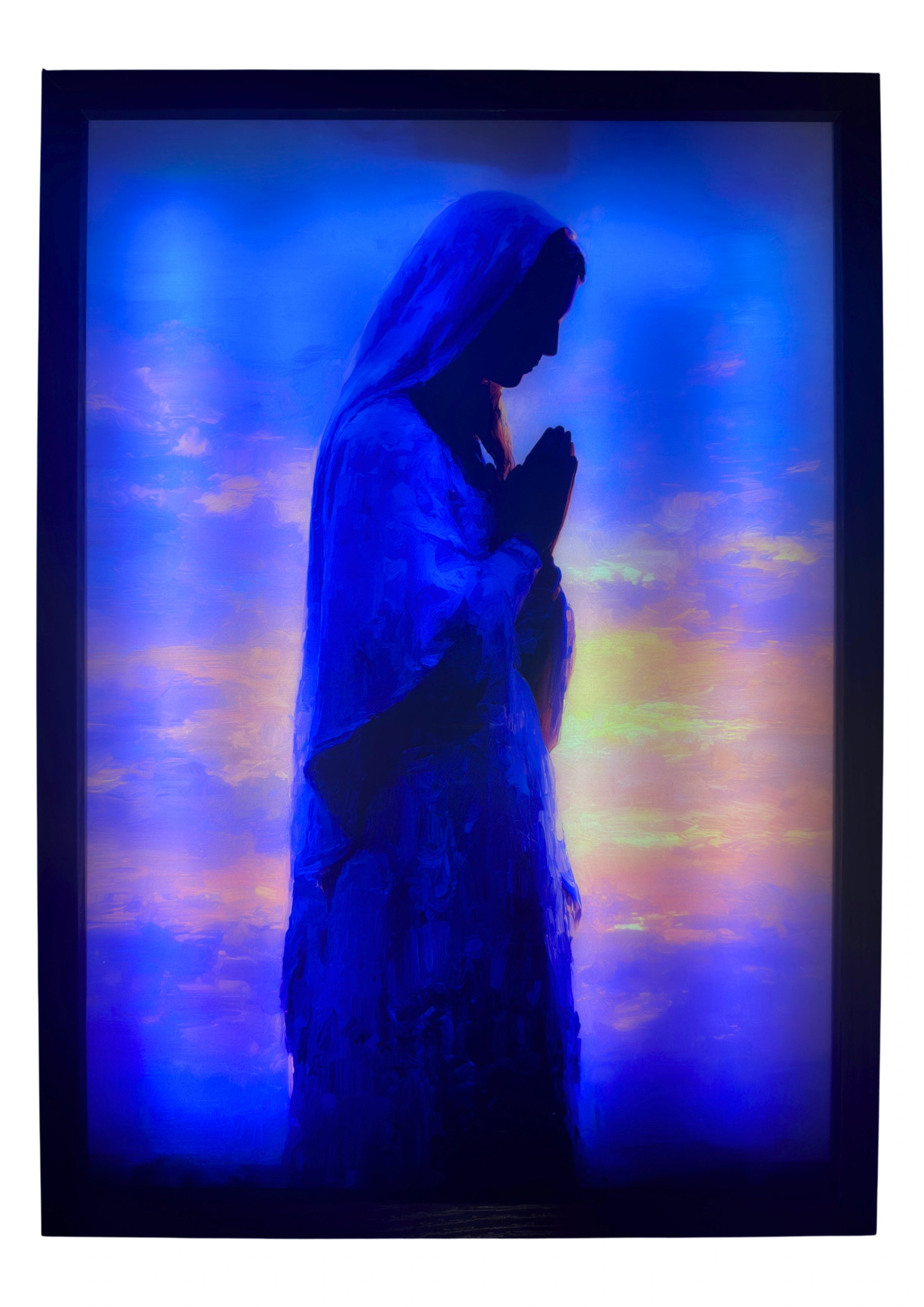 Mary LED light up wall art glowing in amethyst and gold — a radiant expression of faith and divine grace.