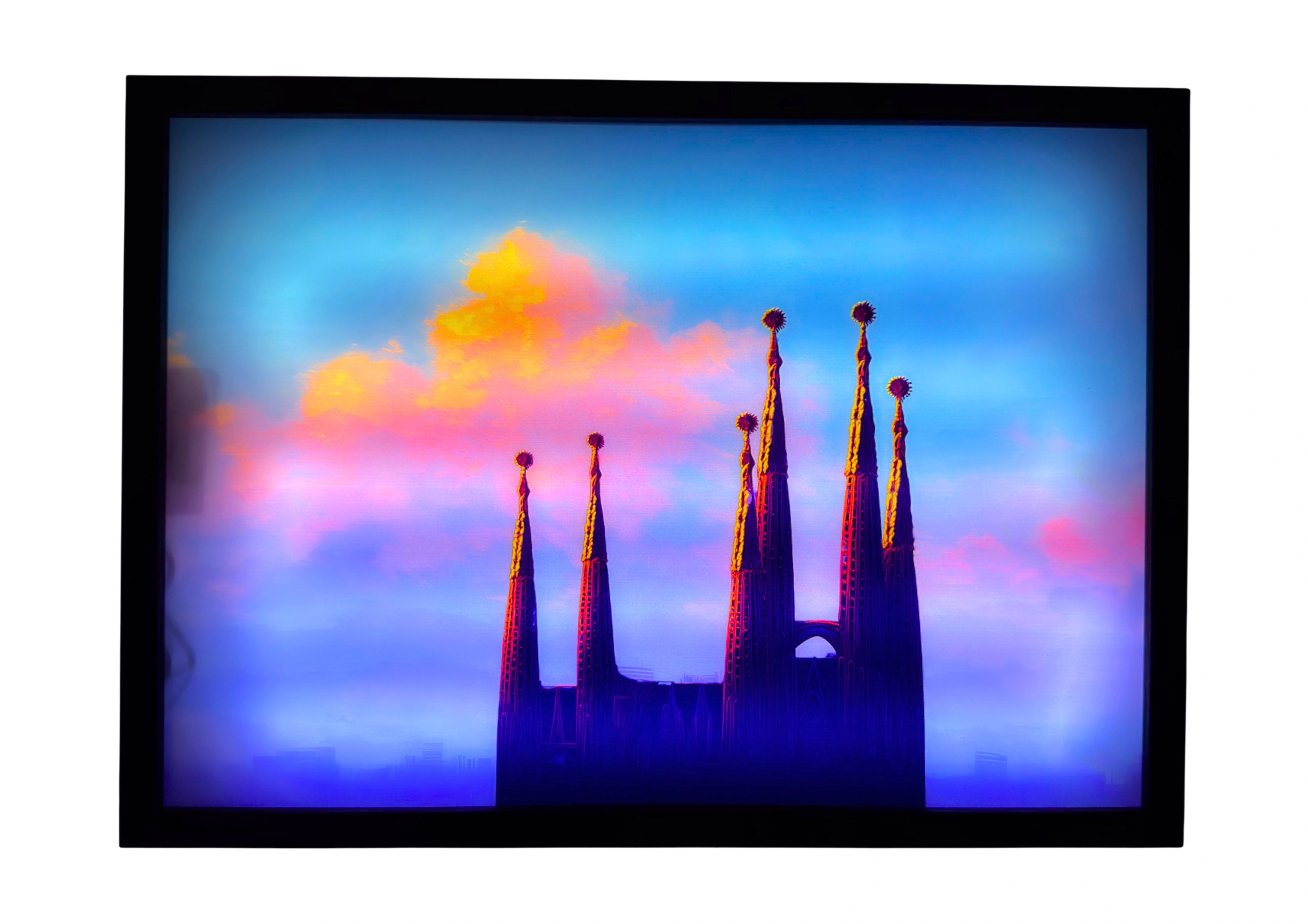 Sagrada Família LED light up wall art glowing in violet and rose light — framed Christian artwork of architectural grace and devotion.