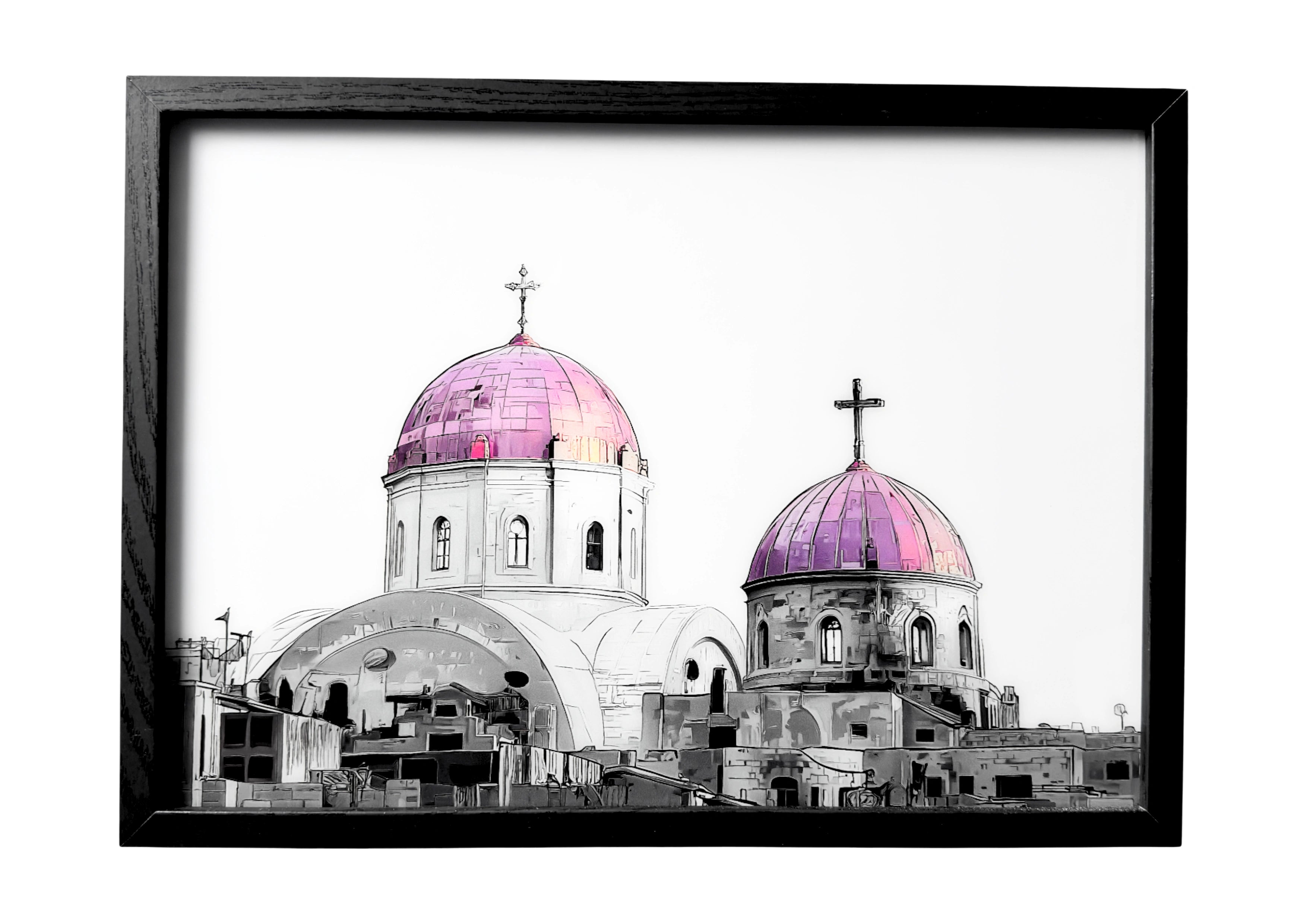 Holy Church wall art in grayscale stillness with domes and cross.