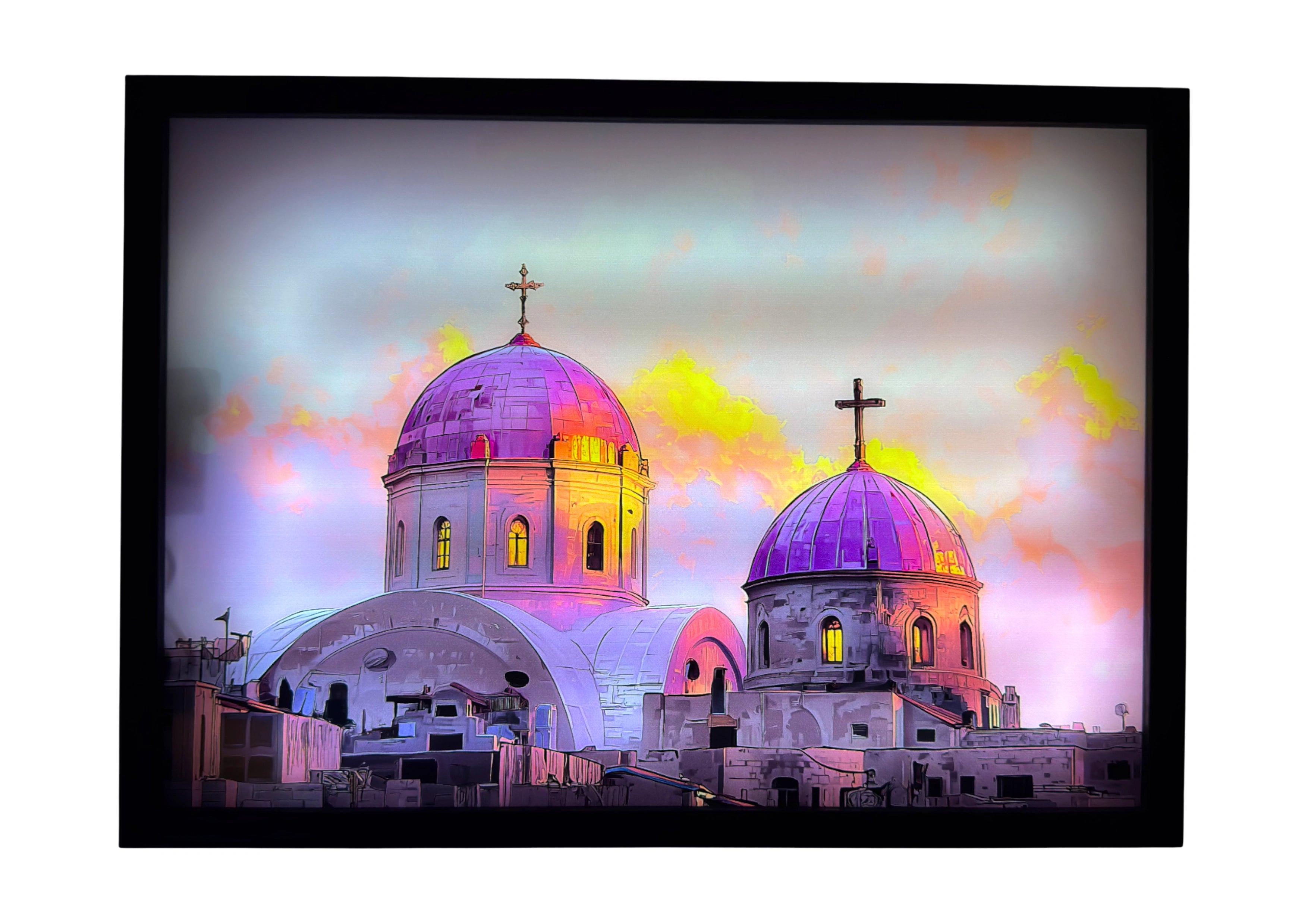 Holy Church LED light up wall art glowing in rose and gold light — framed Christian artwork of faith and devotion.
