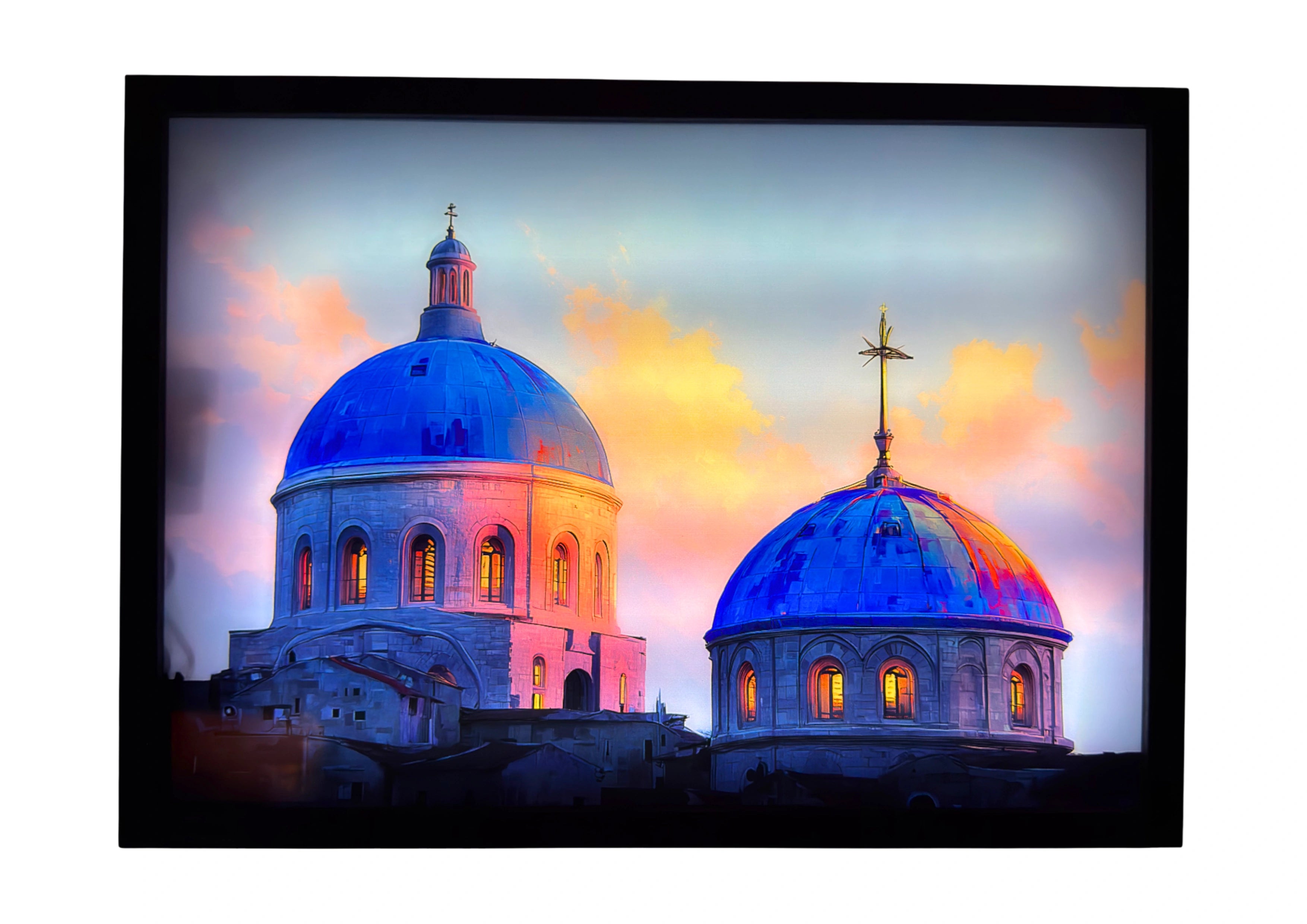 Holy Church LED light up wall art glowing in blue and coral light — a framed Christian artwork of devotion and calm.