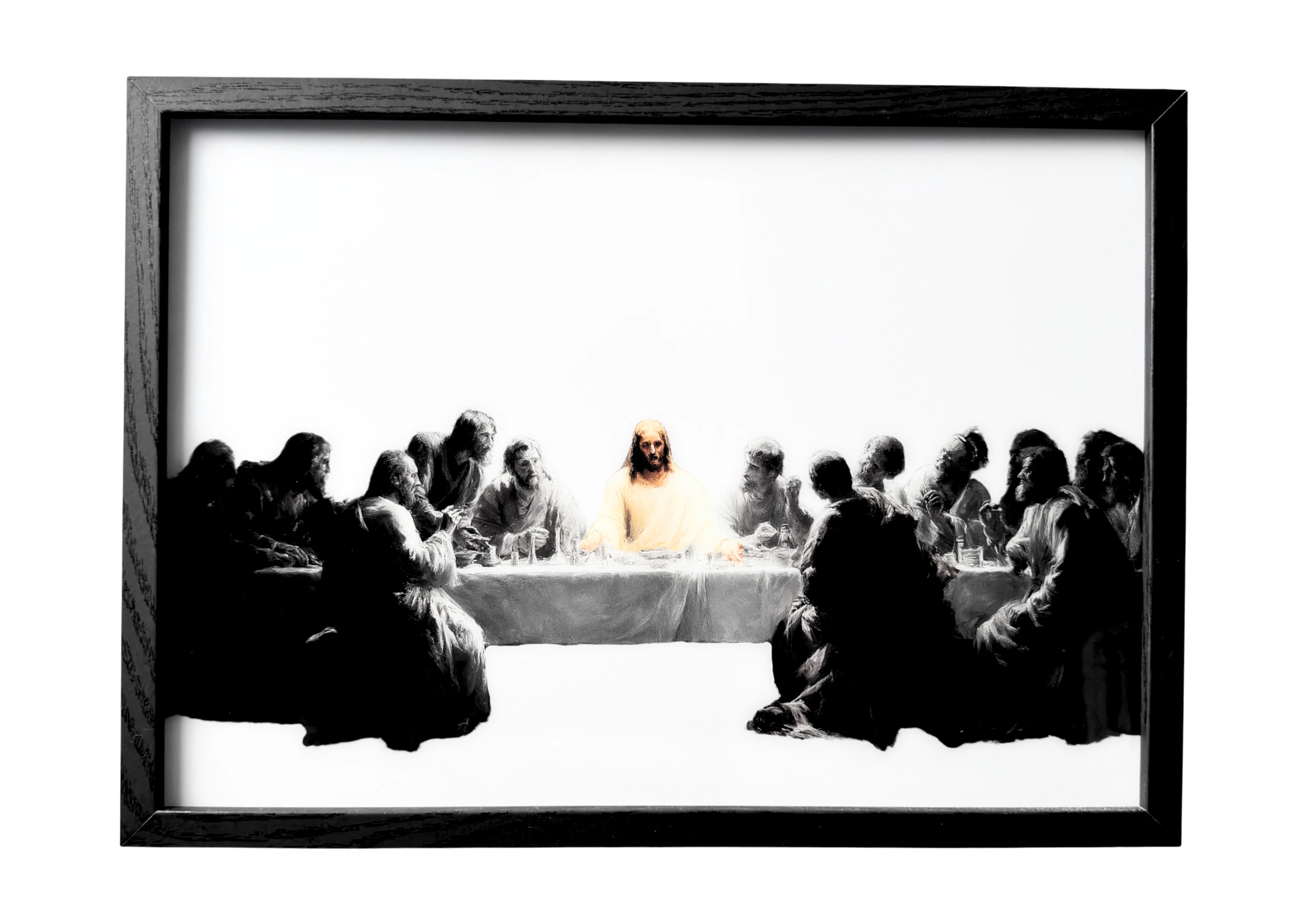 The Last Supper wall art in grayscale stillness with Christ at the centre.