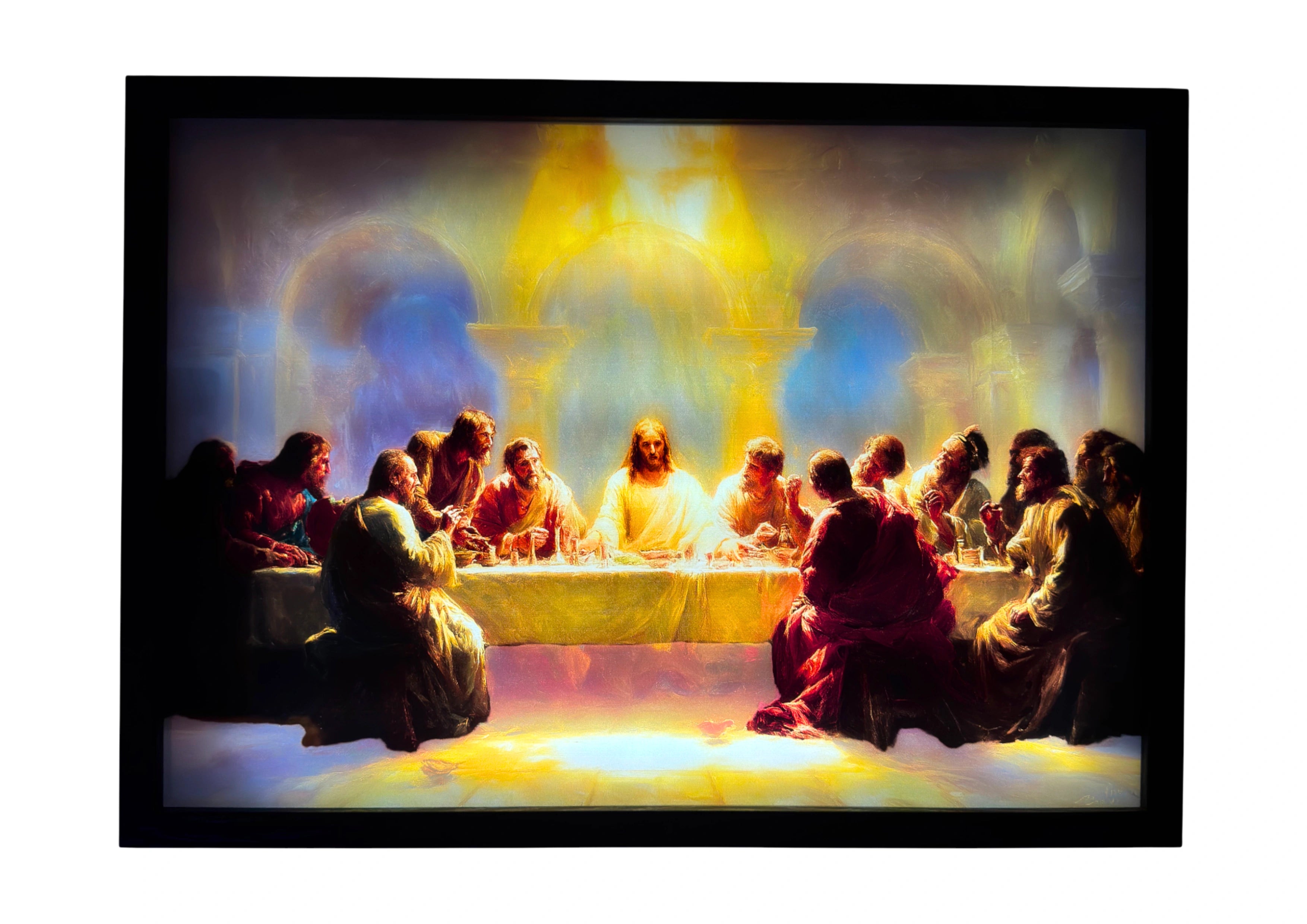 The Last Supper LED light up wall art glowing in golden and amber tones — Renaissance-inspired framed artwork of divine faith and reflection.