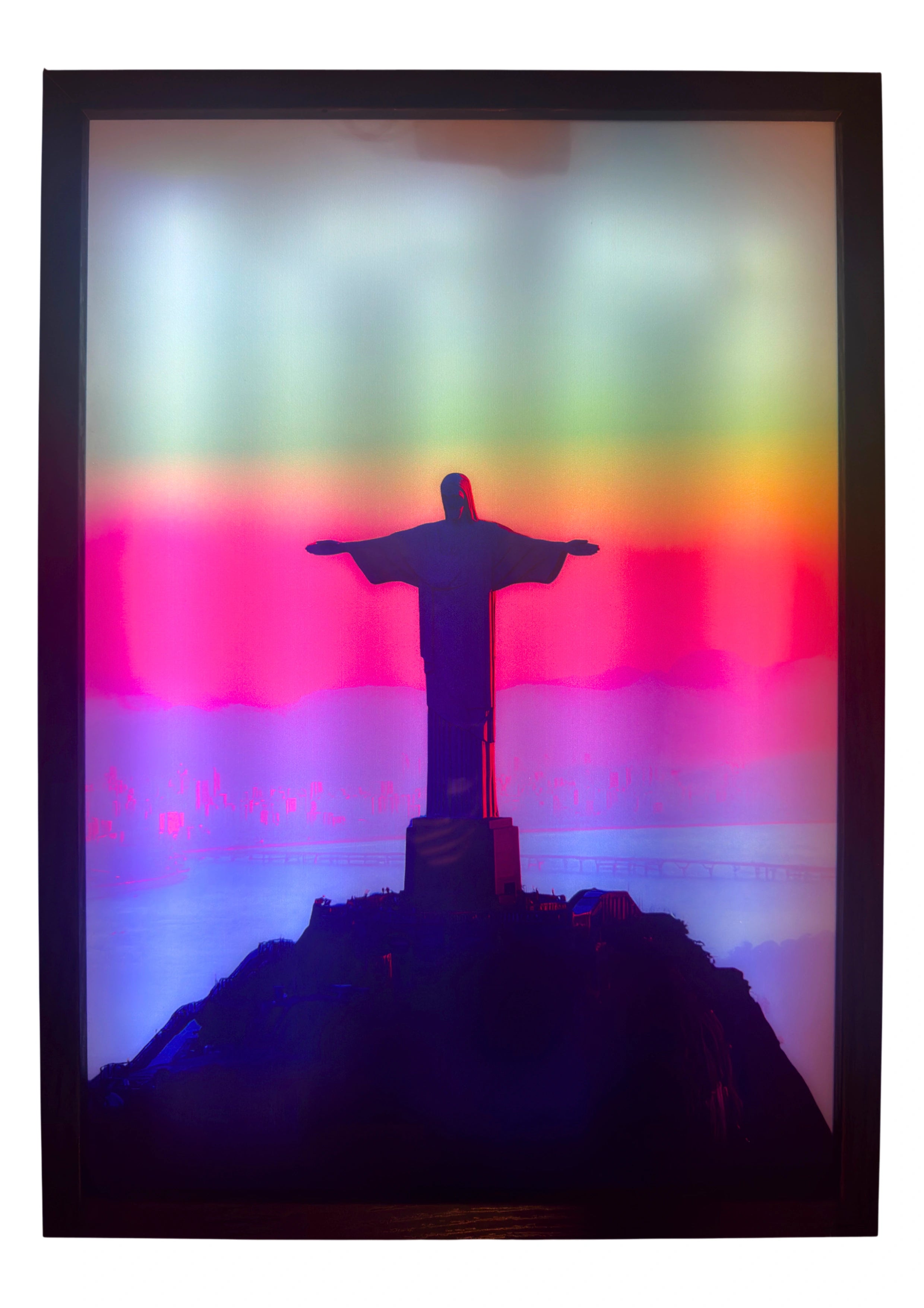 Christ the Redeemer LED light up wall art glowing in pink and blue light — a framed artwork of calm faith and serenity.