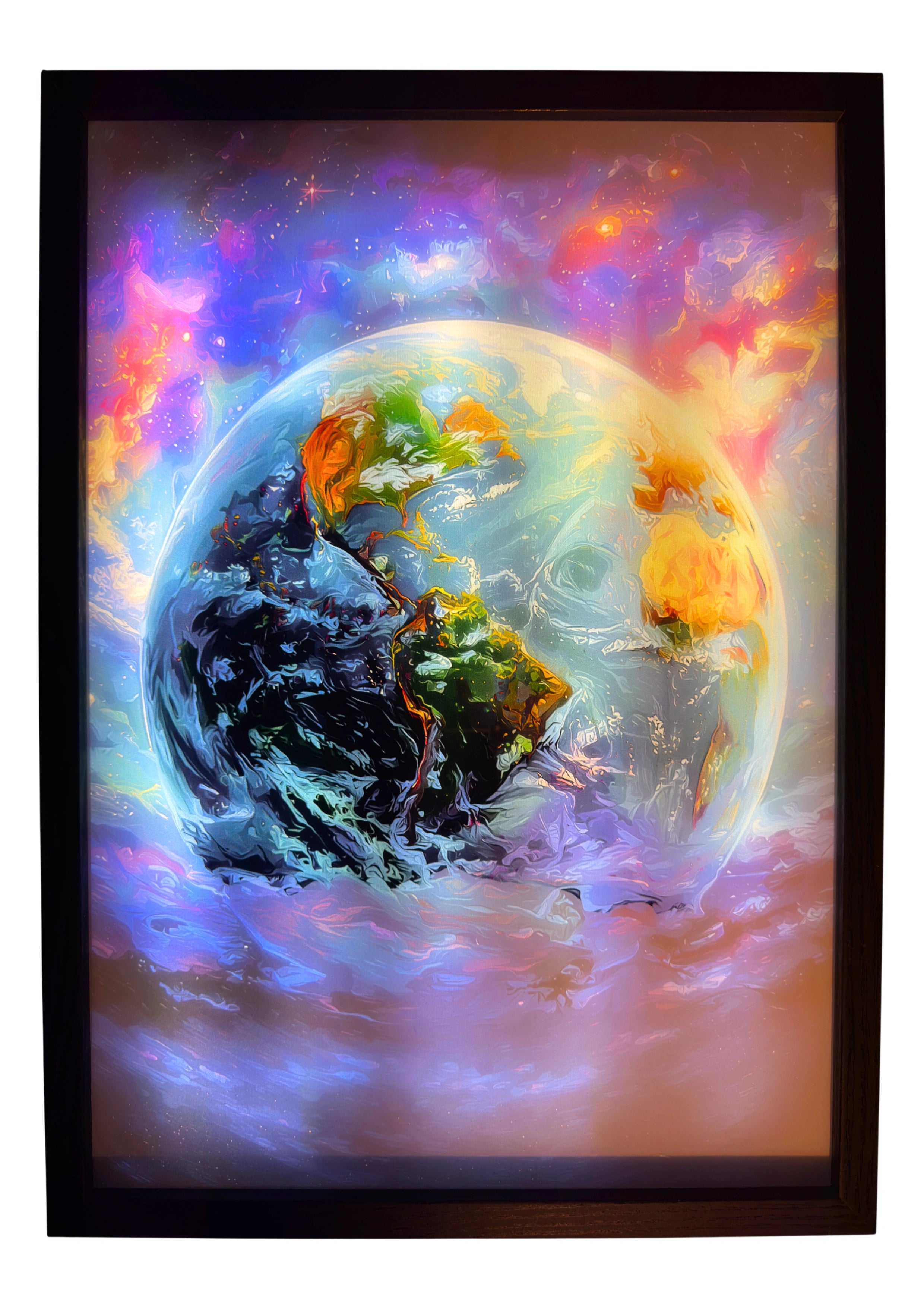 Earth LED light up wall art glowing in deep blue and gold tones, with the base melting into light. A radiant cosmic dreamscape illuminating your space.