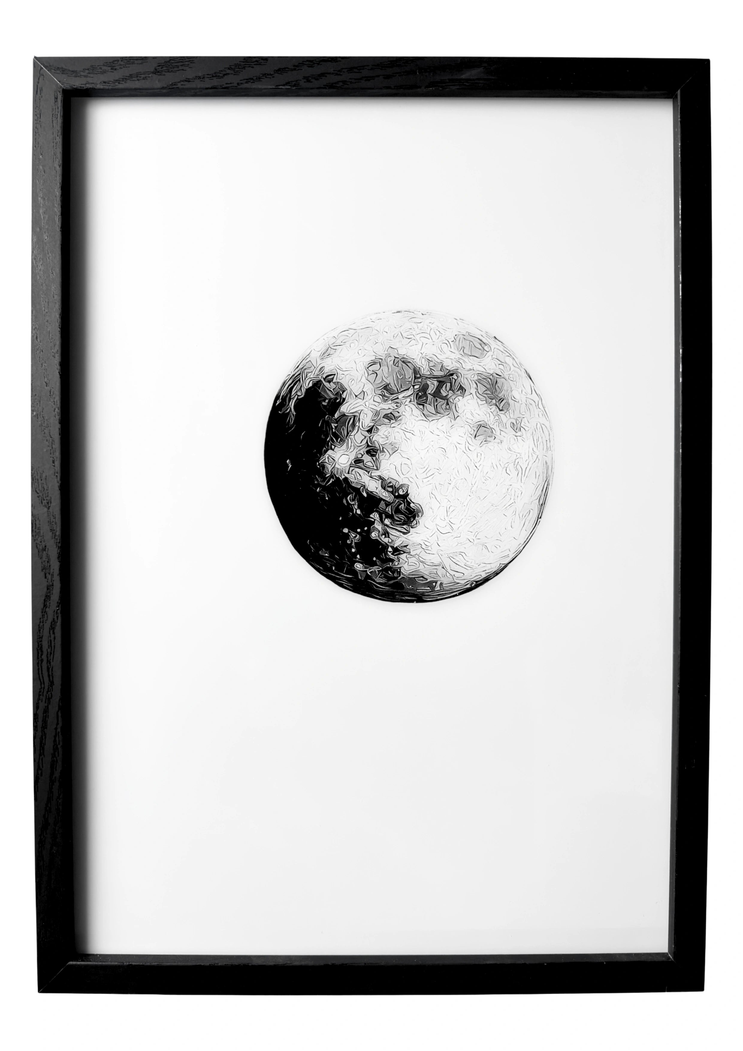 Minimalist moon wall art in grayscale. A serene piece capturing quiet lunar beauty.