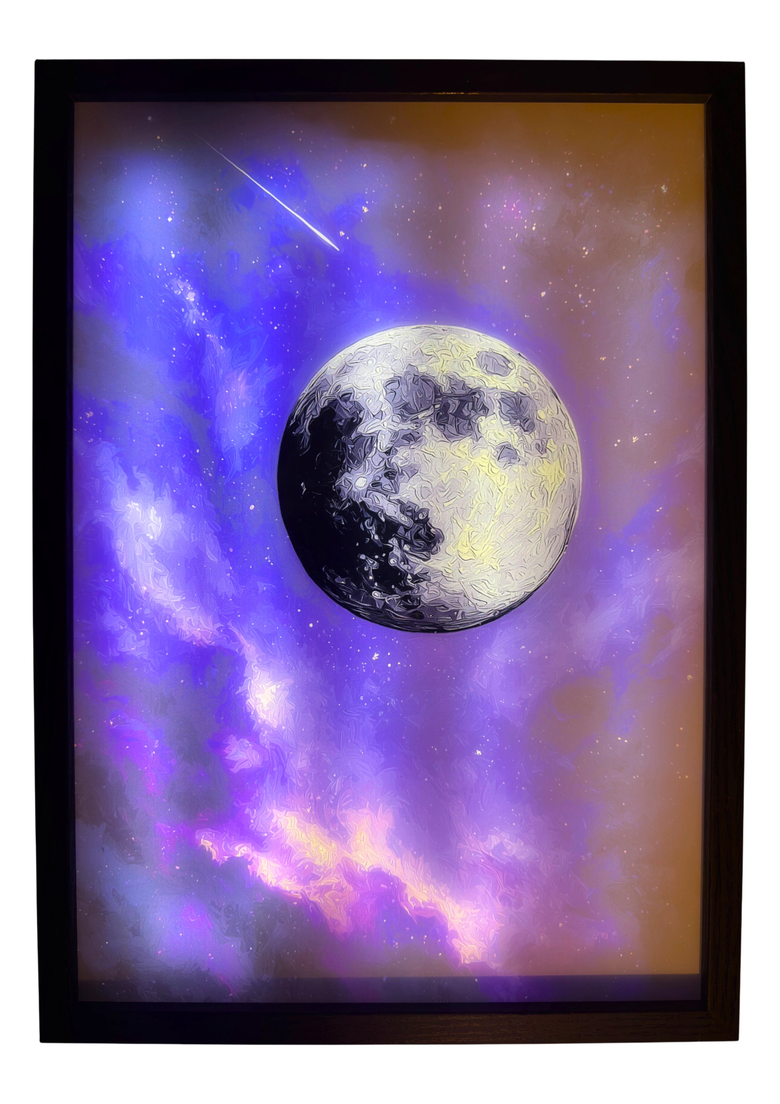 Moon LED light up wall art glowing within deep purple skies and a shooting star. A celestial dreamscape transforming space with light.