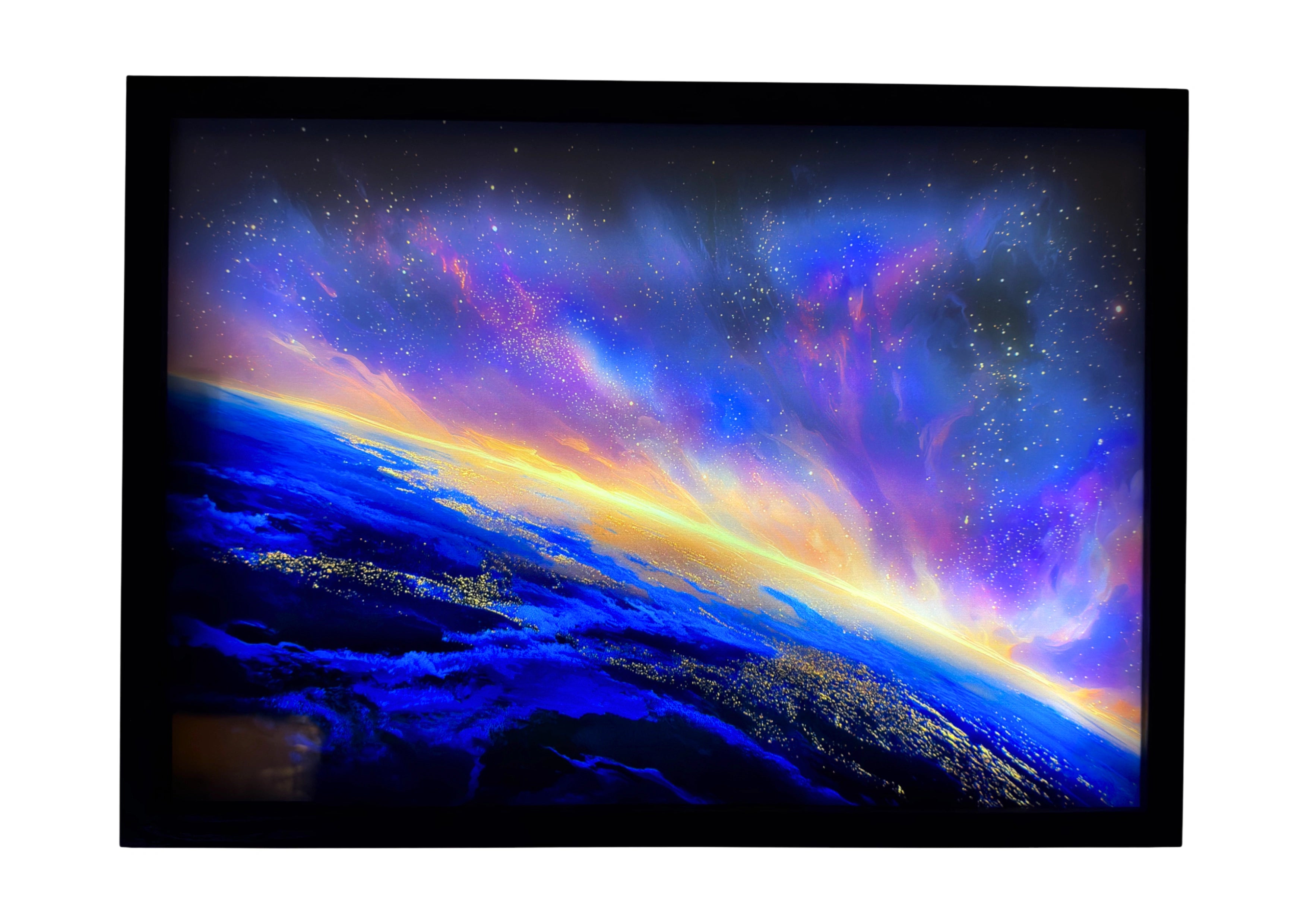 Quarter Earth LED light up wall art glowing with amber and violet horizon light — a radiant piece illuminating your room with cosmic warmth.