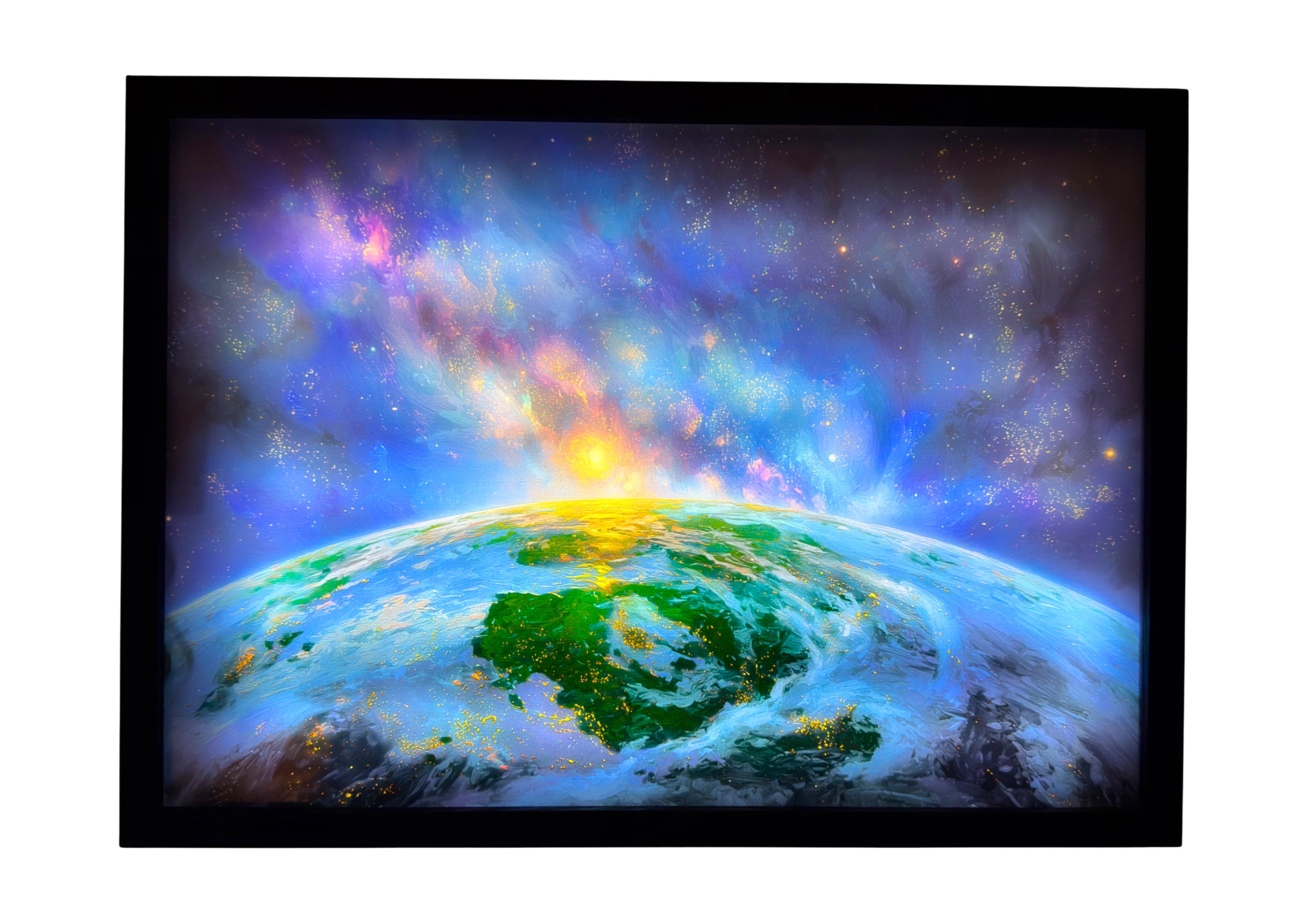 Earth LED light up wall art glowing with golden light over blue atmosphere — a radiant horizon illuminating your space with cosmic clarity.