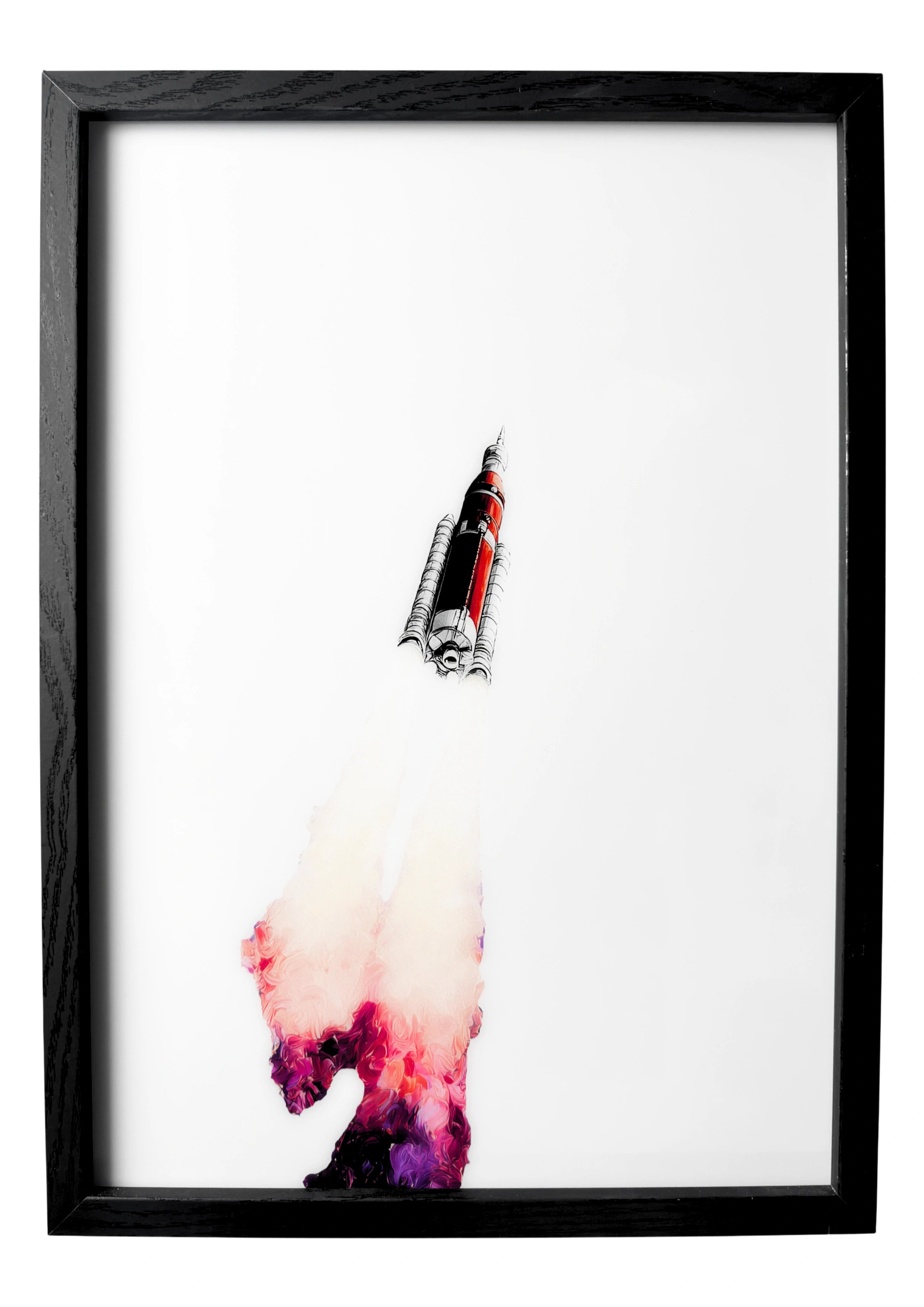 Minimalist NASA Artemis rocket wall art in still form with violet tones. A calm study of ascent and wonder.