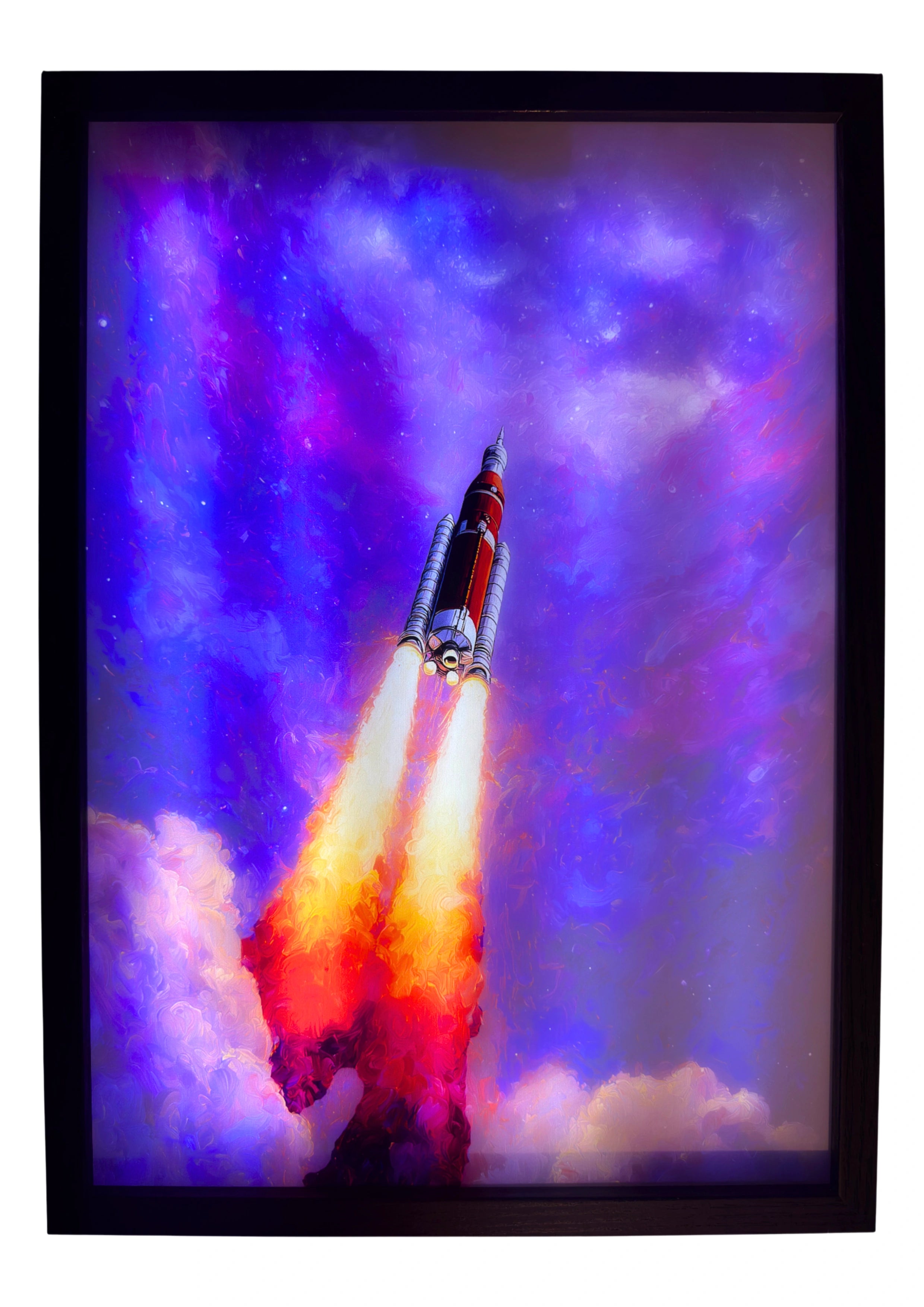 NASA Artemis rocket LED light up wall art glowing with orange flame and magenta-violet clouds. A radiant launch illuminating your space in cosmic warmth.
