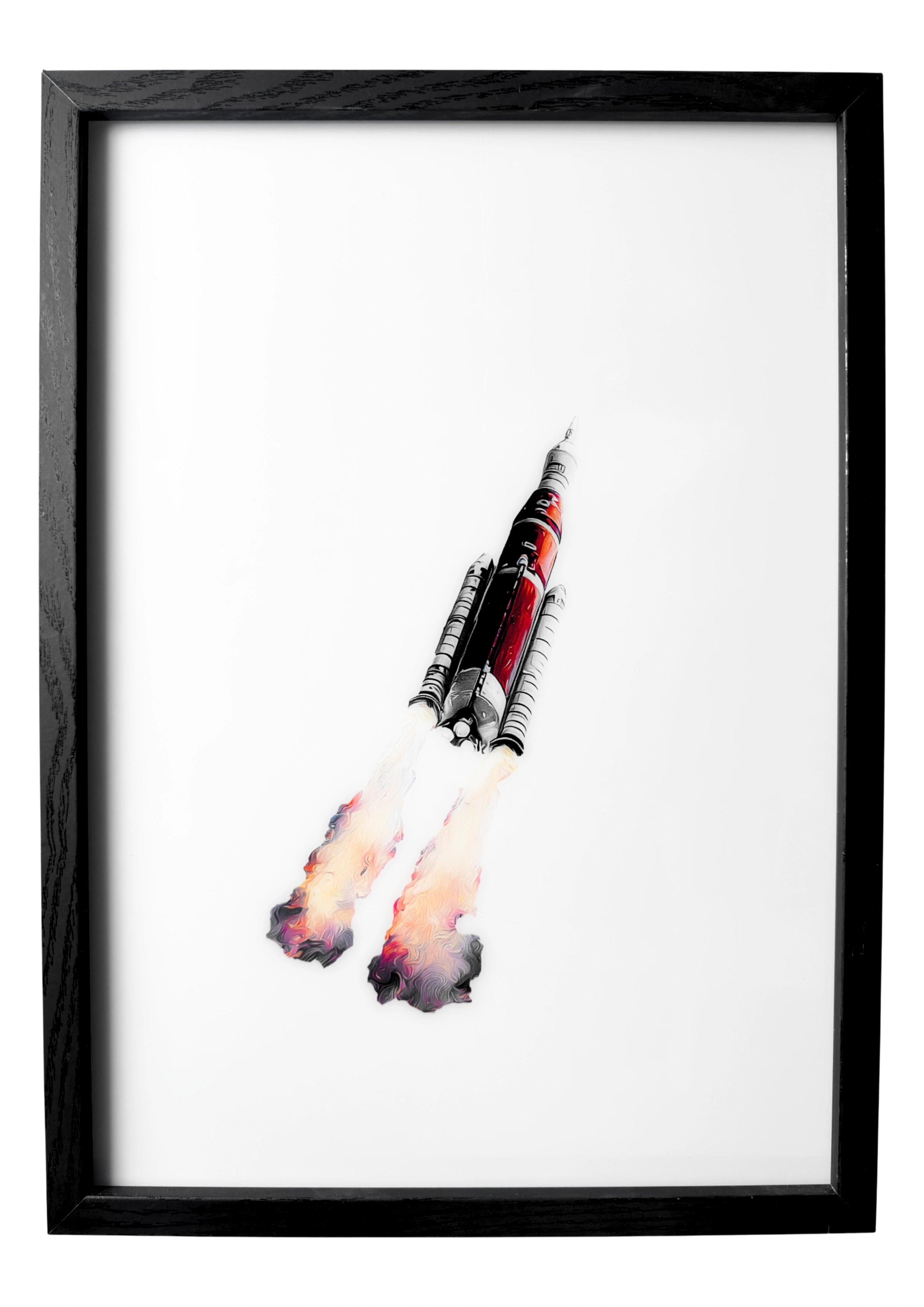 Minimalist NASA rocket wall art showing the Artemis launch in still form against soft clouds. A calm study of ascent and engineering.