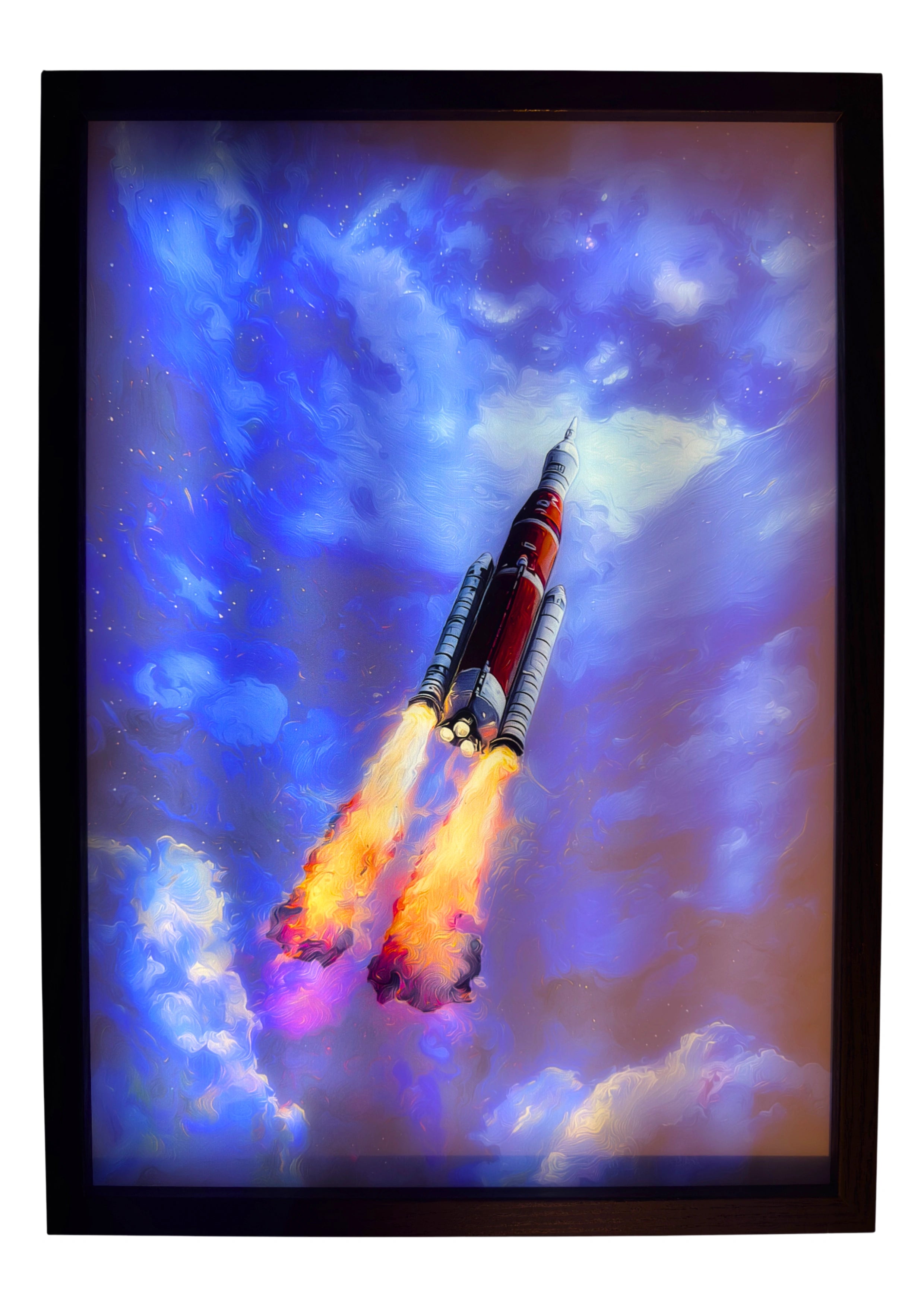 NASA Artemis rocket LED light up wall art glowing with orange flame and deep blue clouds. A radiant launch illuminating your space in cosmic wonder.