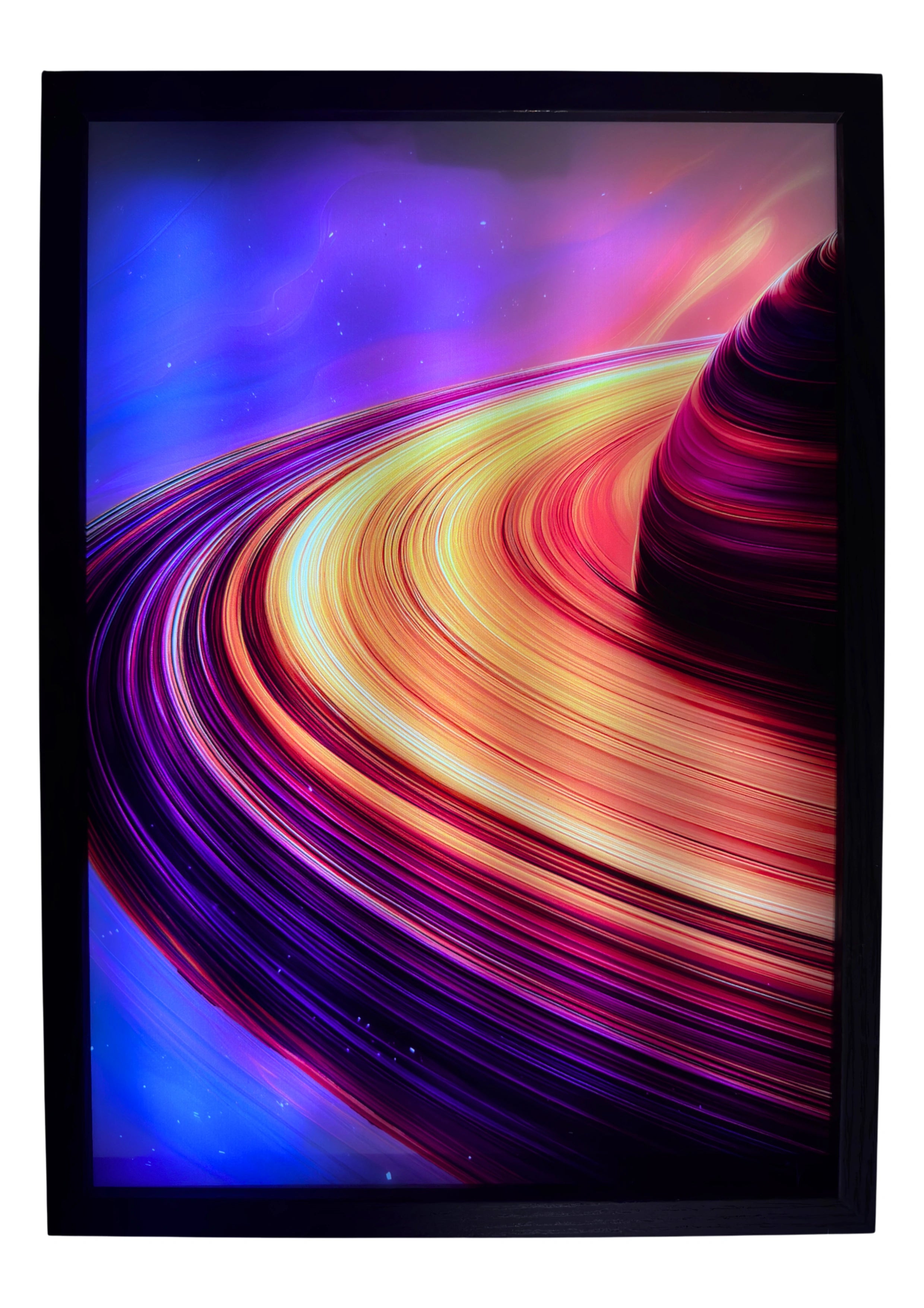 Saturn LED light up wall art glowing in pink and gold rings. A radiant celestial dreamscape lighting your room in cosmic calm.