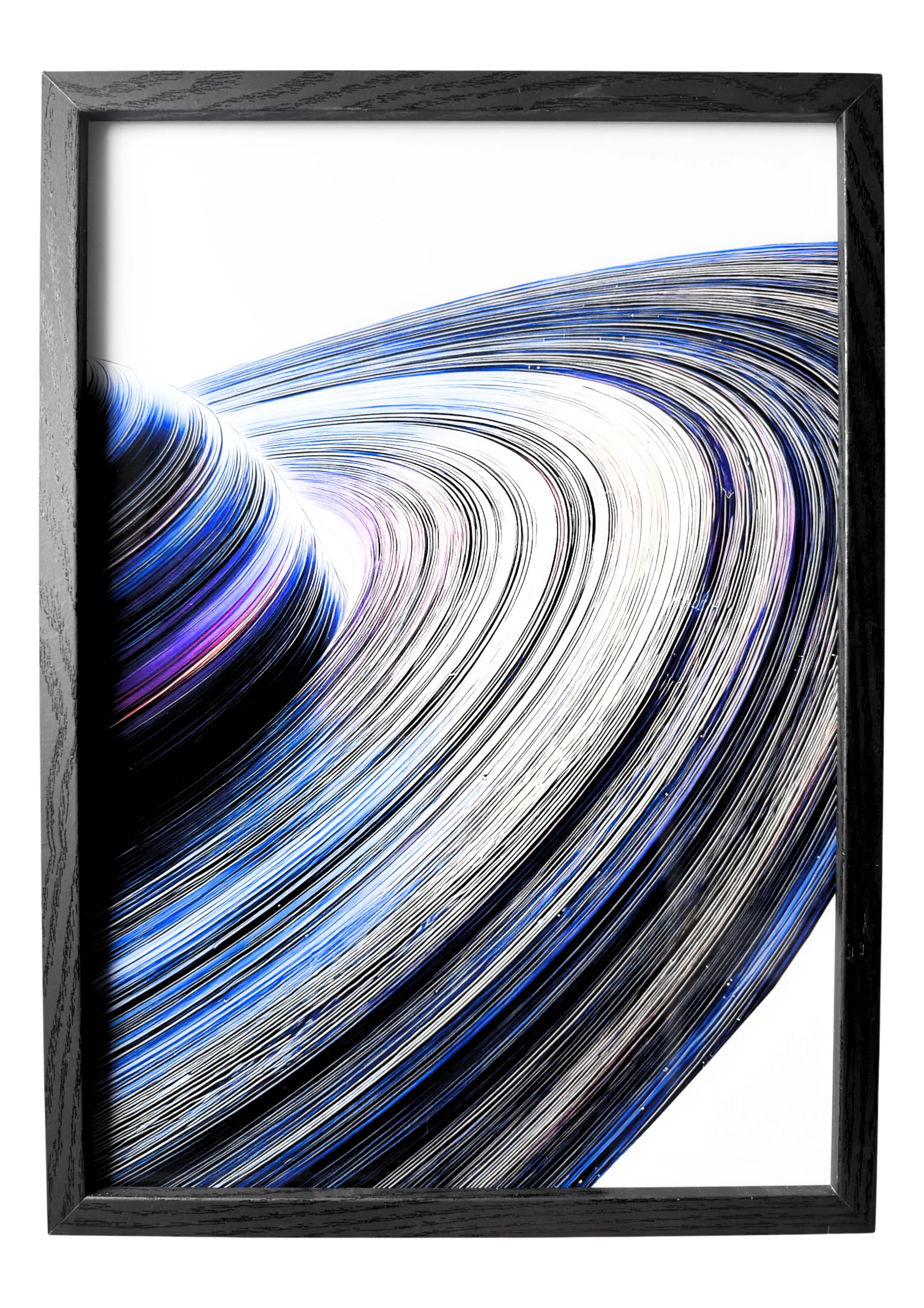 Minimalist Saturn wall art showing soft blue rings in motion. A serene vision of the planet’s orbit in calm.