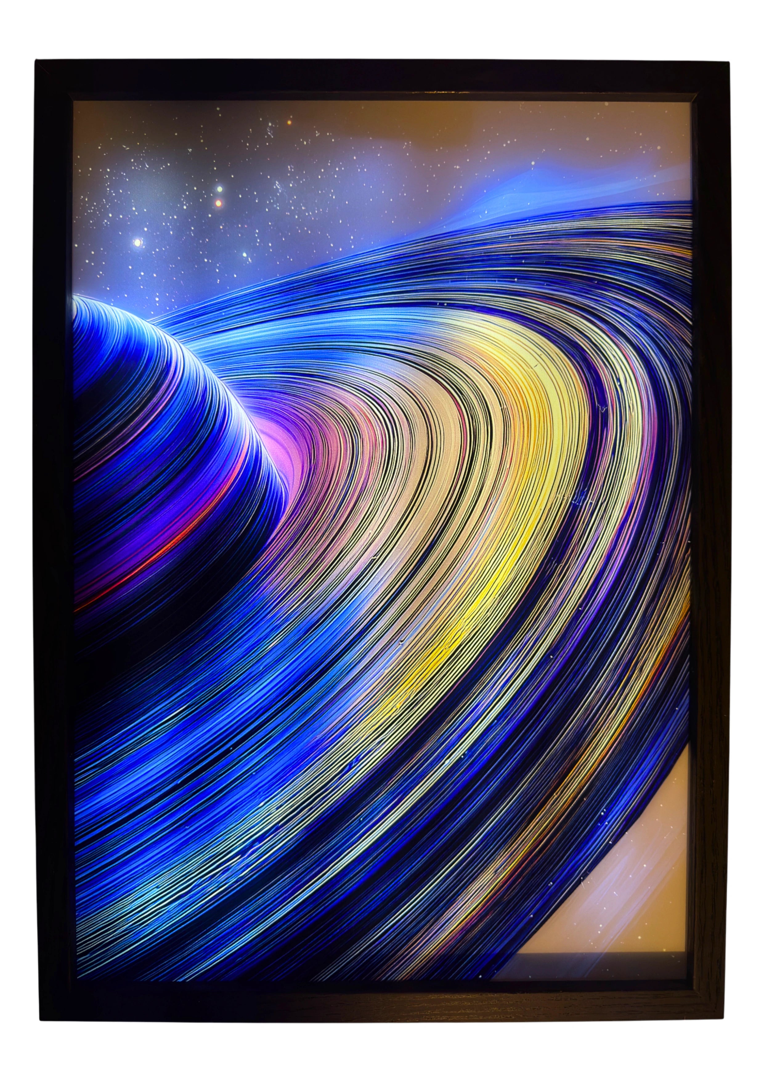 Saturn LED light up wall art glowing with blue and gold rings, orbiting through deep space. A celestial dreamscape lighting your room in cosmic calm.