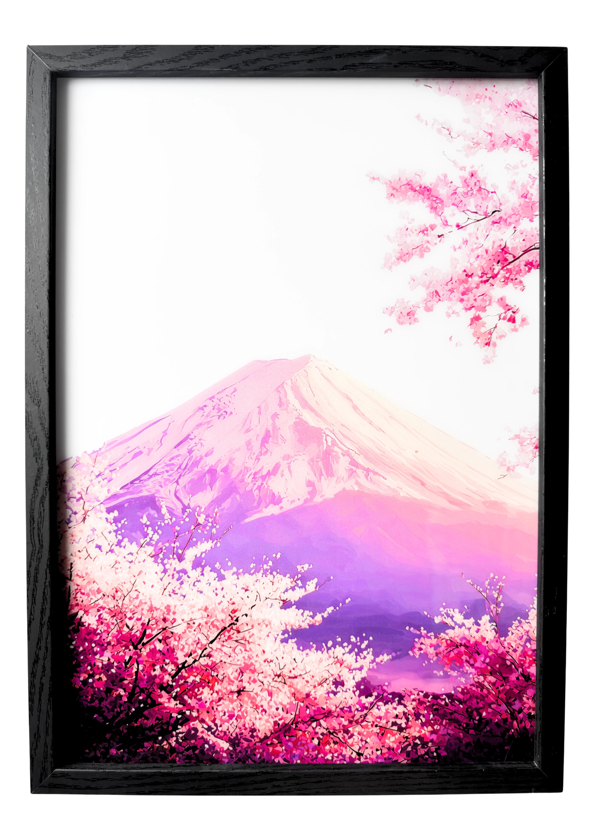 Mount Fuji wall art surrounded by cherry blossoms in soft pink hues. A framed tranquil dreamscape.